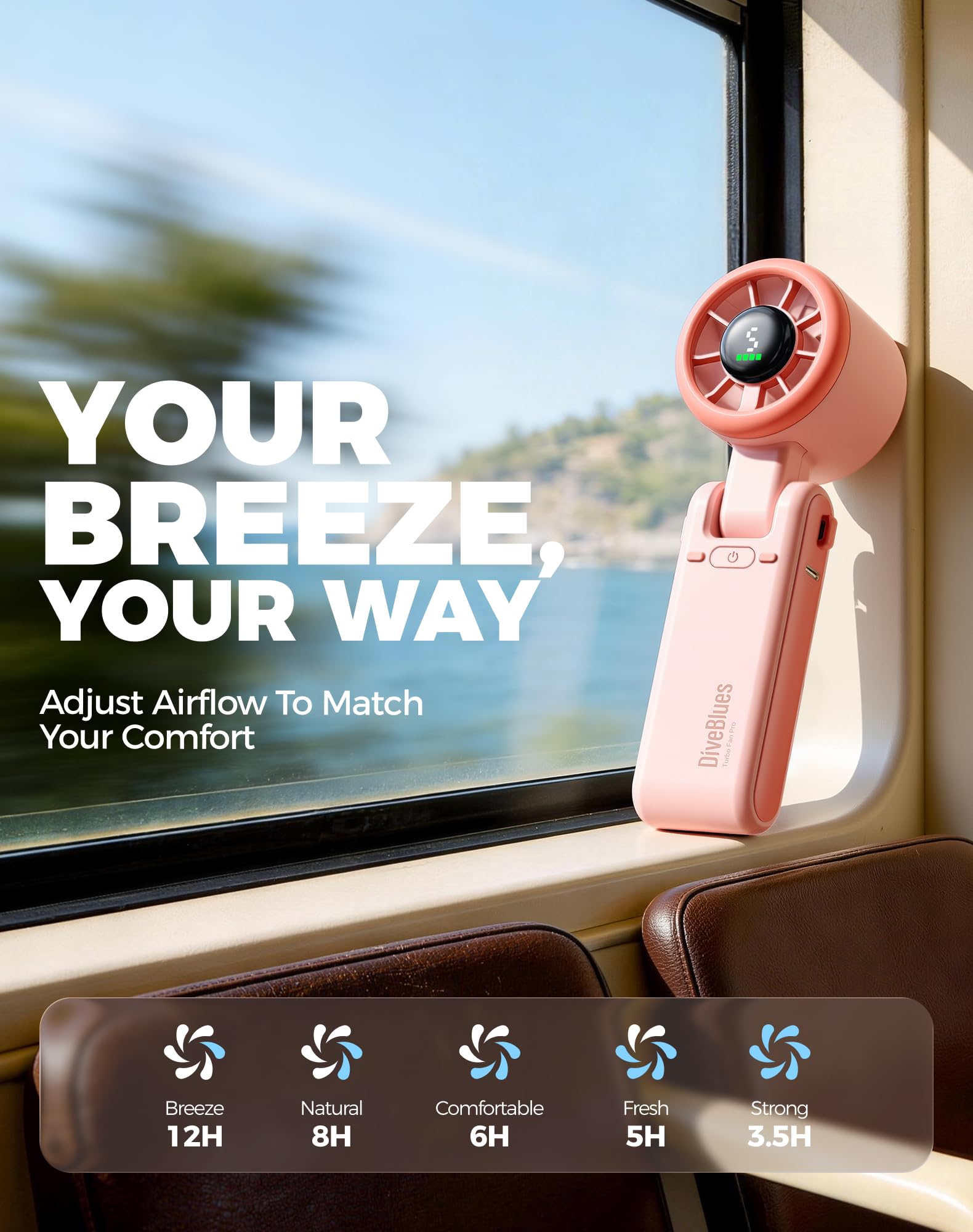 Diveblues Portable Handheld Turbo Fan | 3 IN 1 Hand/Neck/Desk Fan, Up to 12 Working Hours, 5 Gear Wind, Battery Operated, Travel, Working, Outdoor Activities