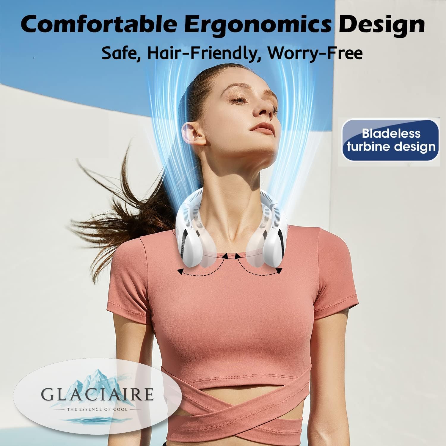 GLACIAIRE Neck Fan – Portable Cooling Fan with Powerful Airflow | USB‑C Rechargeable 5000mAh Battery | Foldable Wearable Personal Face Fan for Around Neck, Quiet 3-Speed Air Cooler – White