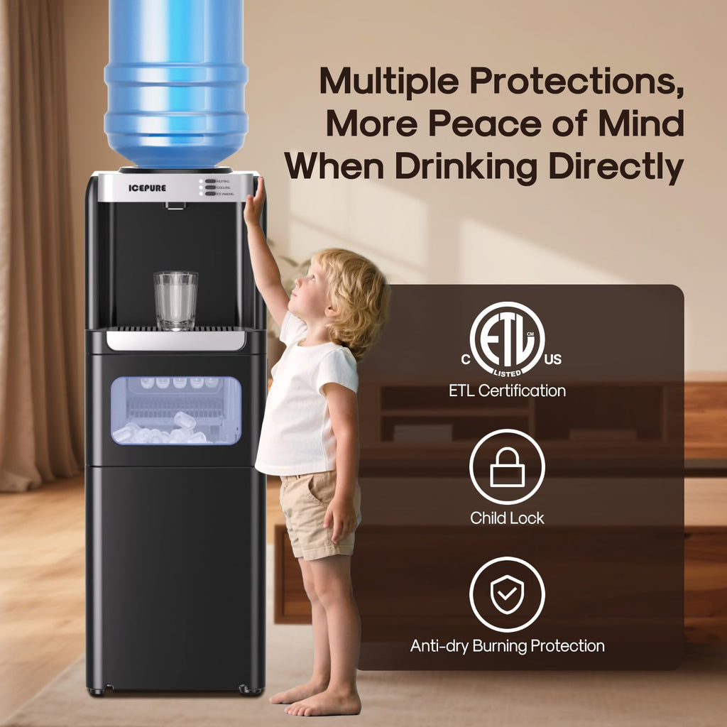 ICEPURE 3-in-1 Water Dispenser with Built-in Ice Maker, Water Cooler Dispenser for 5 Gallon Bottle Top Loading, Hot and Cold Water Dispenser with Child Lock for Home and Office, 33lbs/24H