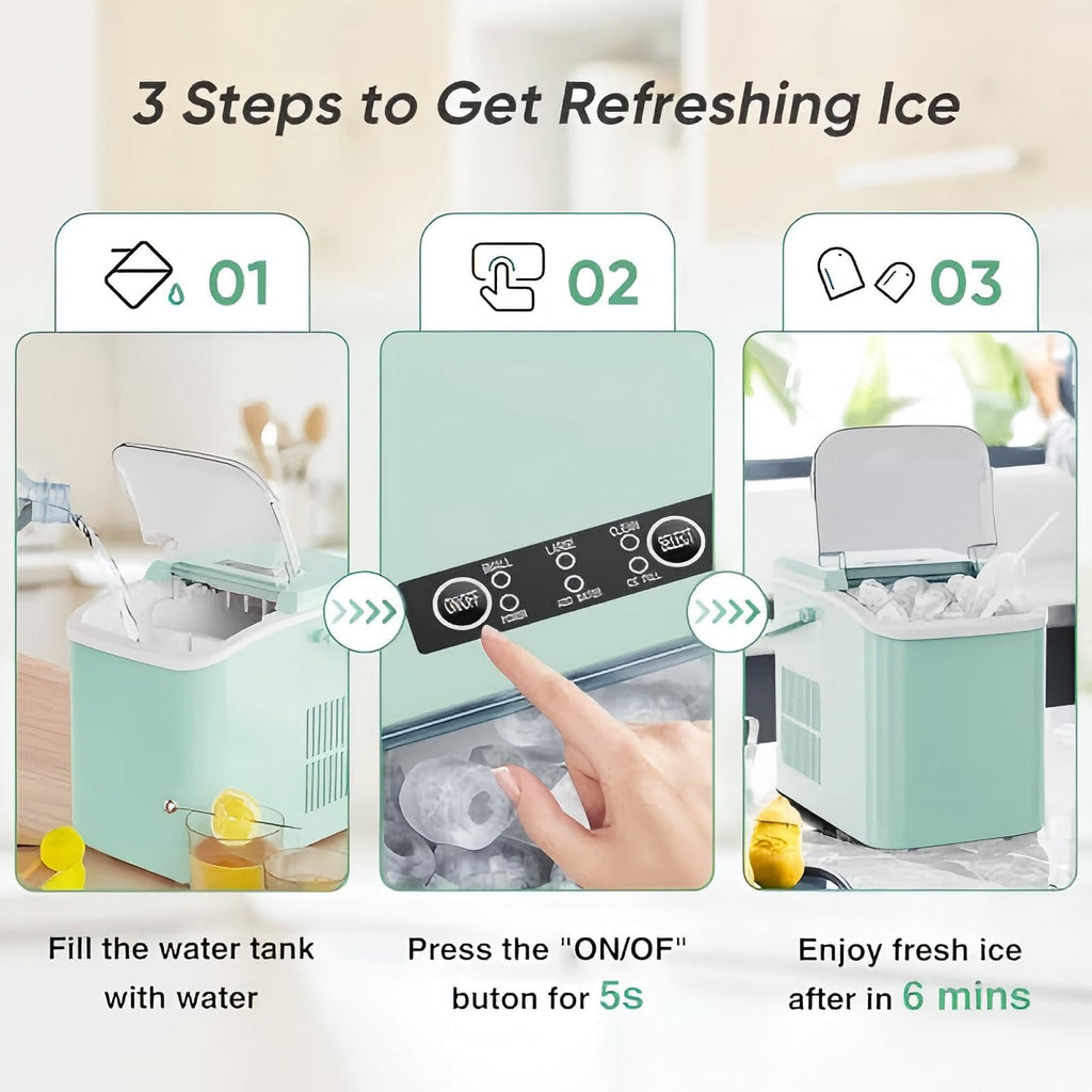 DUMOS Countertop Ice Maker with Handle, 26lbs/24H Portable Ice Machine | 9 Bullet Cubes Ready in 6 Mins, Self-Cleaning, Quiet Compact for Home, Kitchen, RV, Camping, Bright Black