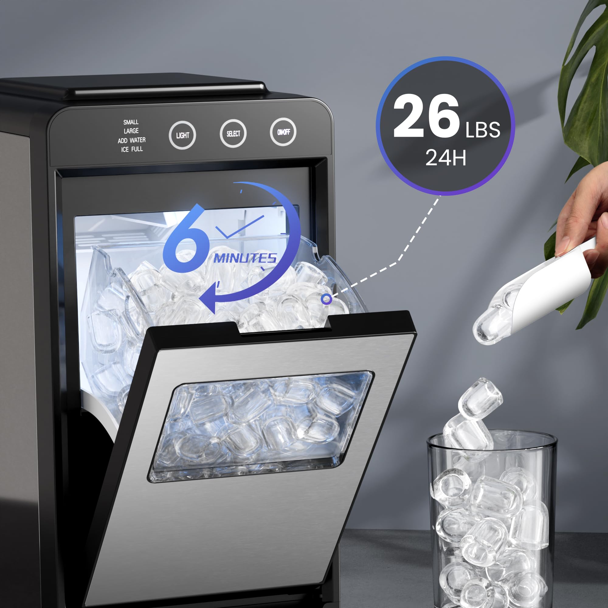 Electactic Ice Makers Countertop,26Lbs/24H,8Pcs in 6Mins,Portable Ice Maker Machine with Self-Cleaning,Interior Lighting,2 Sizes of Bullet Ice for Home/Office/Party(Black)