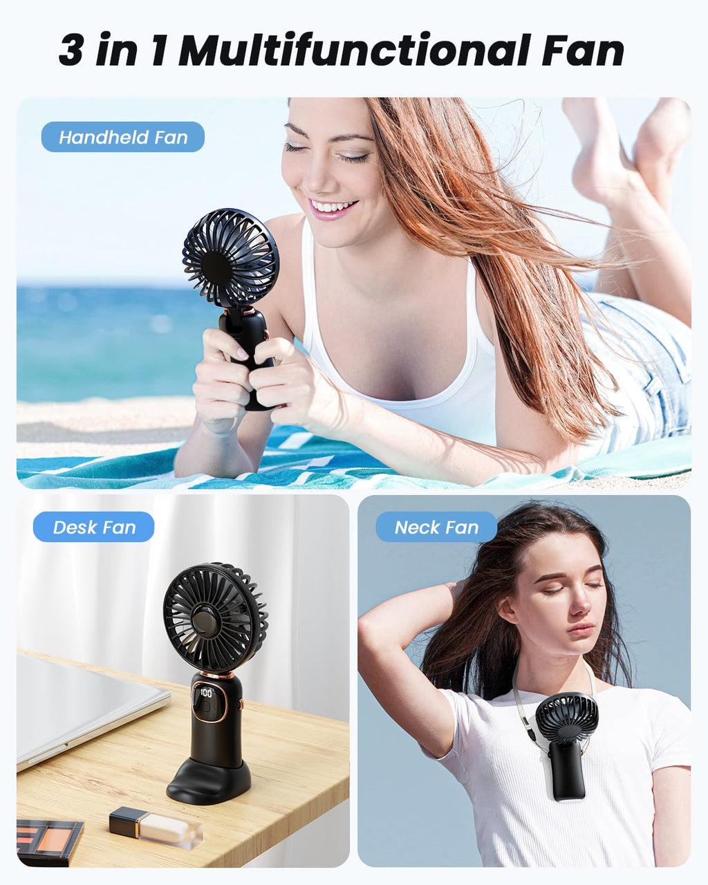 coldSky Portable Handheld Fan, 4000mAh Battery Operated with LED Display, Handheld/Neck/Desk 3 in 1 Personal Small Fan, 90° Foldable Desk Fan with Base, 5 Speed Lash Makeup Fan for Women