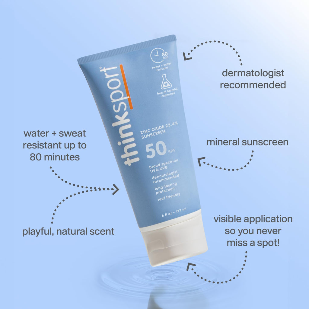 Thinksport SPF 50+ Mineral Sunscreen with Zinc Oxide, 6 Fl Oz – Safe, Natural Sunscreen Lotion for Sports & Active Use, Water Resistant Reef Safe, Broad Spectrum UVA/UVB Sun Screen for Sun Protection