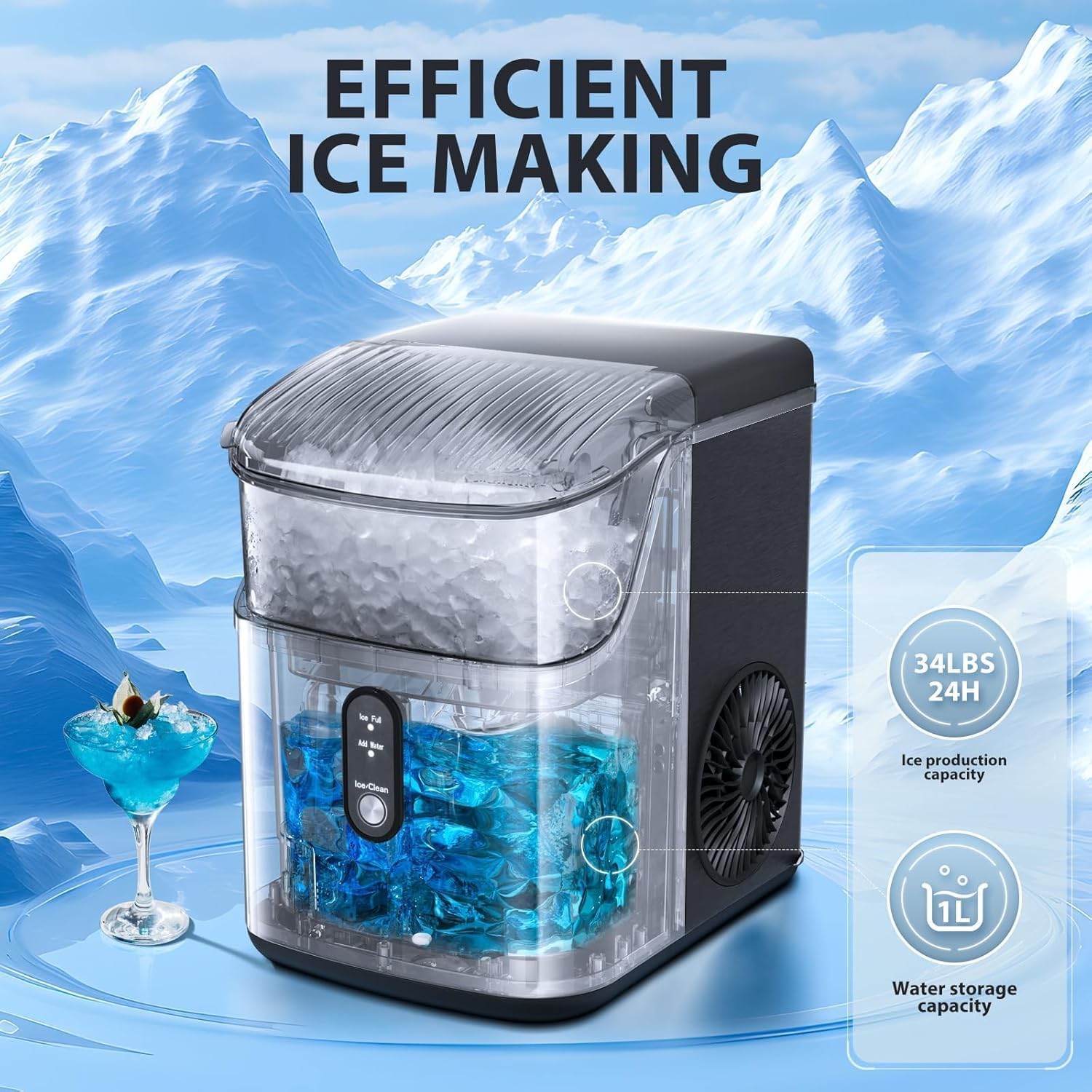 Antarctic Star Nugget Ice Makers Countertop, Pebble Ice Machine with Chewable Pellet Ice, 35Lbs/24H, Self-Cleaning, Sonic Ice, One-Click Operation, for Kitchen,Party Stainless Steel Silver