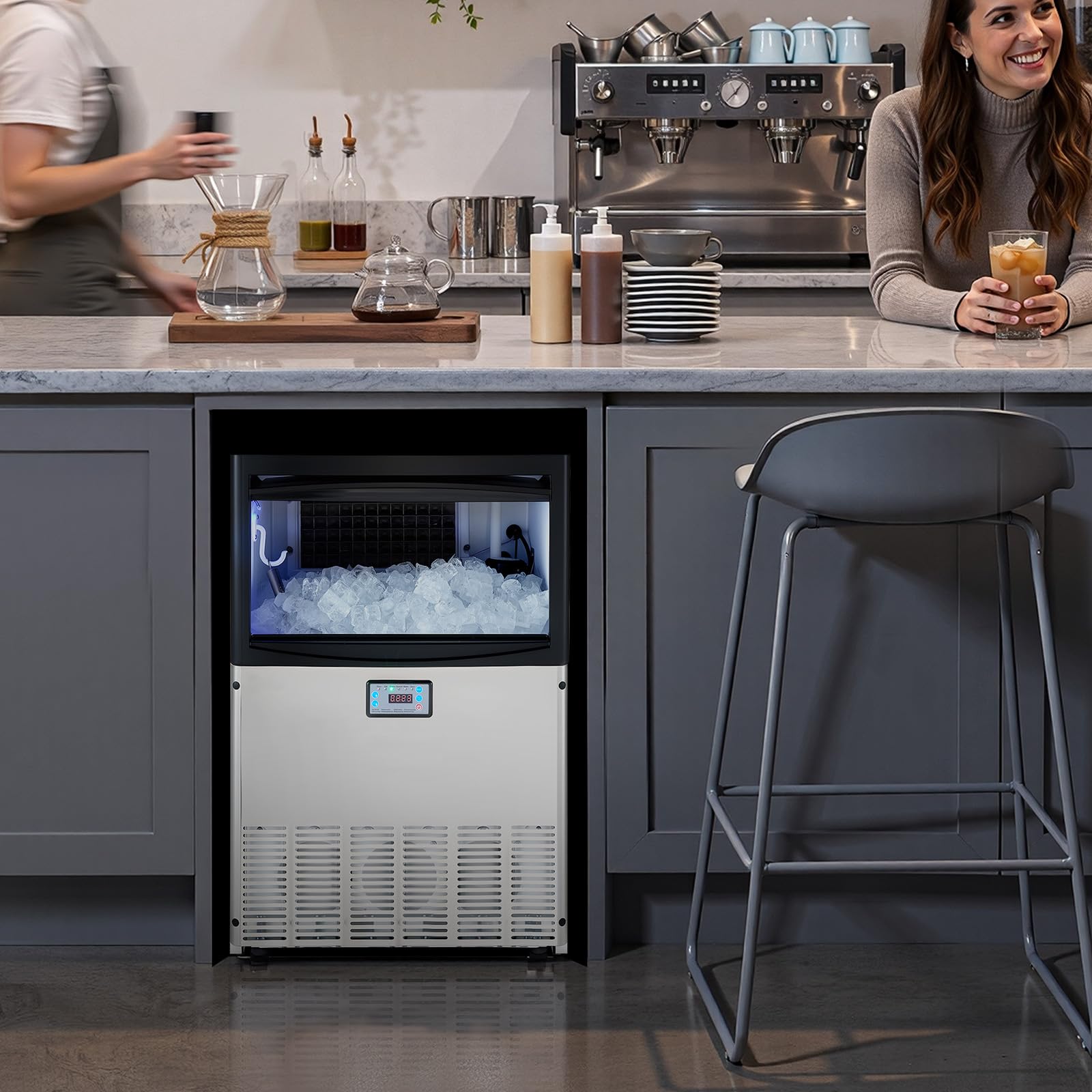 VEVOR Commercial Ice Maker Machine, 80 lbs/24h with 13 lbs Storage Capacity, Countertop/Freestanding/Under Counter, Stainless Steel Ice Maker with LED Display & Self-Cleaning, for Home Bar Restaurant