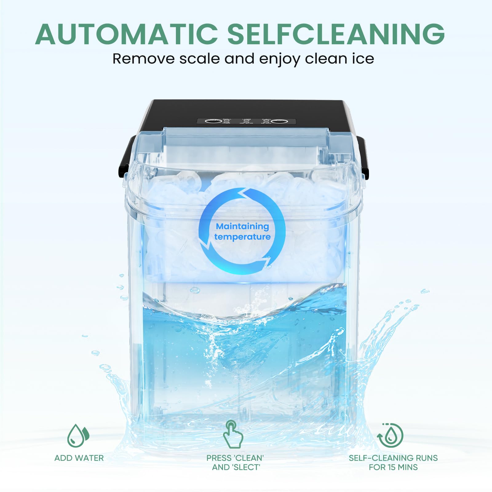 Ice Makers Countertop, Portable Ice Machine with Handle, 6 Mins 9 Bullet Cubes with Basket and Scoop, 26lbs in 24Hrs, Auto-Cleaning, for Home, Kitchen, RV, Camping, Green