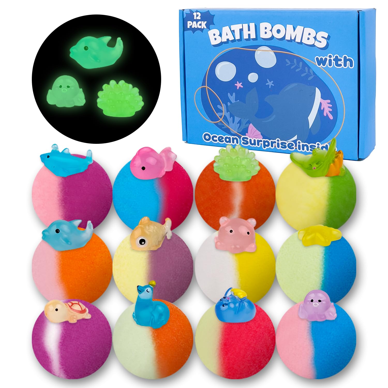 Bath Bombs for Kids, 12 Pcs Bath Bombs with Glow in The Dark Dinosura Surprise Inside, Handmade Organic Bubble Bath Ball Gift Set for Boys and Girls, Gift for Birthday Christmas Easter