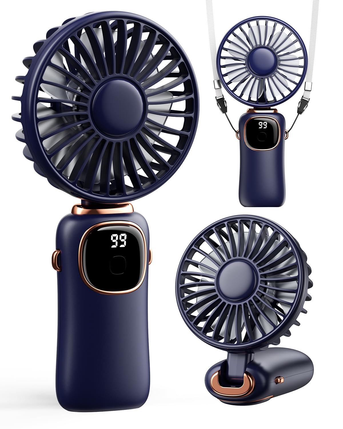 coldSky Portable Handheld Fan, 4000mAh Battery Operated with LED Display, Handheld/Neck/Desk 3 in 1 Personal Small Fan, 90° Foldable Desk Fan with Base, 5 Speed Lash Makeup Fan for Women