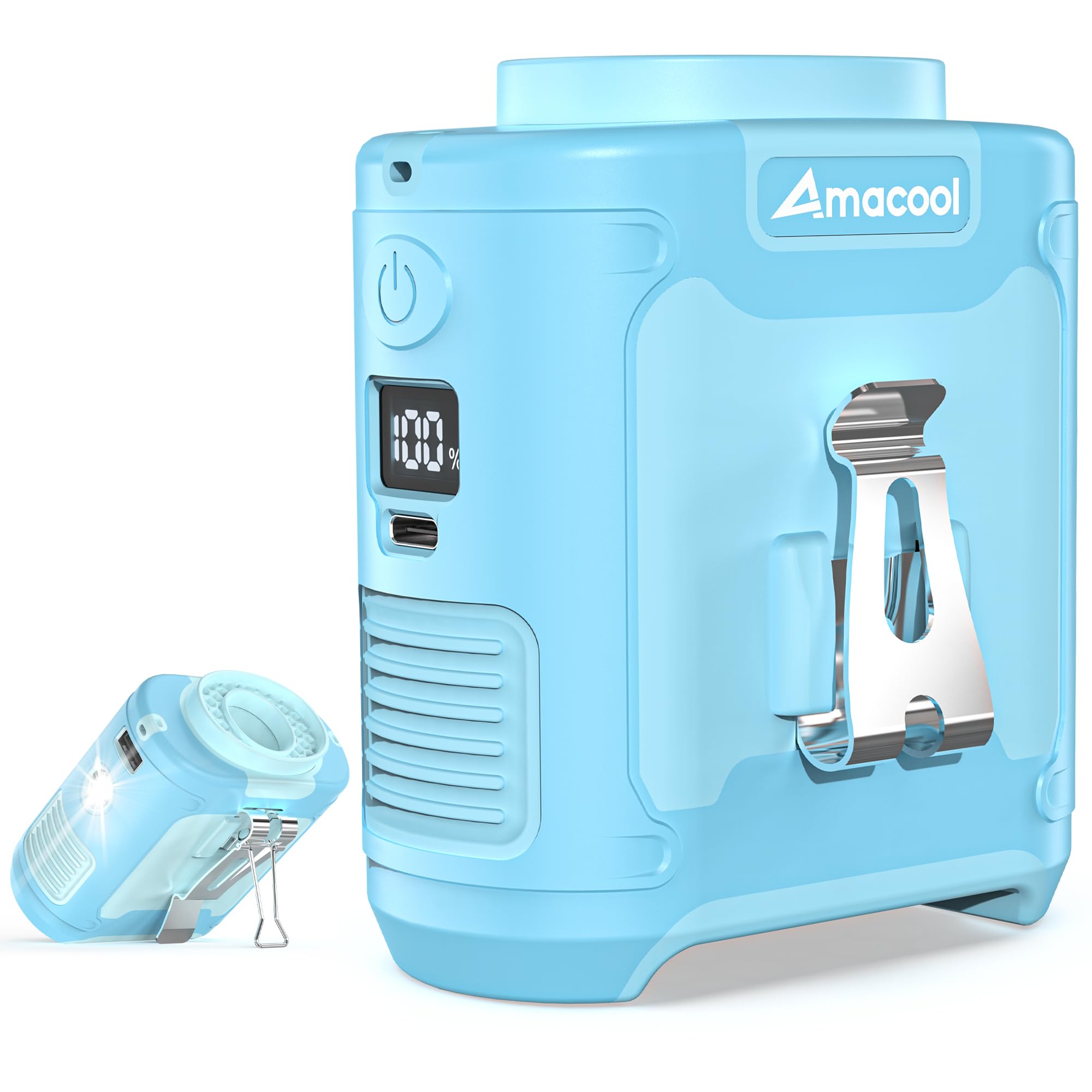 AMACOOL Portable Waist Fan Clip On, MAX 40H Work Time, 10000mAh Rechargeable Wearable Shirt Fan with Light, 16000RPM Powerful 5 Speed Belt Fans Personal Cooling Fans for Outdoor Jobsite Camping Travel
