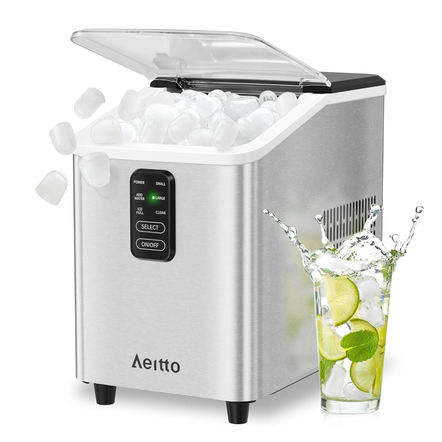 Aeitto Ice Maker Countertop 26lbs/24H, Ice Machine 8 Ice Cubes Ready in 6 Mins, 2 Sizes of Bullet Ice Portable Ice Makers with Basket & Scoop, Auto Self-Cleaning for Home/Kitchen/Office Stainless