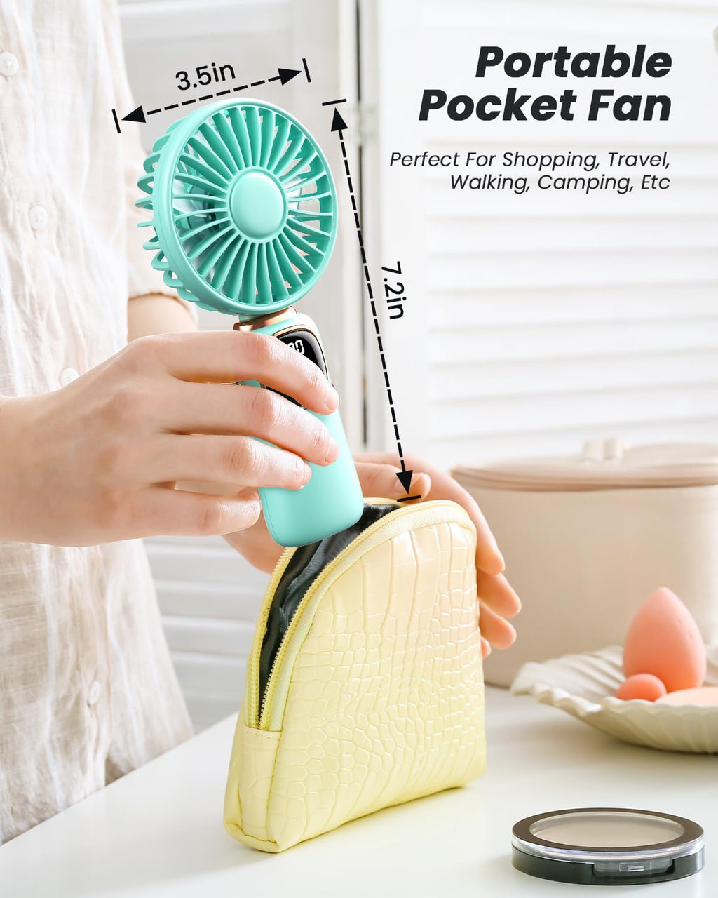 coldSky Portable Handheld Fan, 4000mAh Battery Operated with LED Display, Handheld/Neck/Desk 3 in 1 Personal Small Fan, 90° Foldable Desk Fan with Base, 5 Speed Lash Makeup Fan for Women