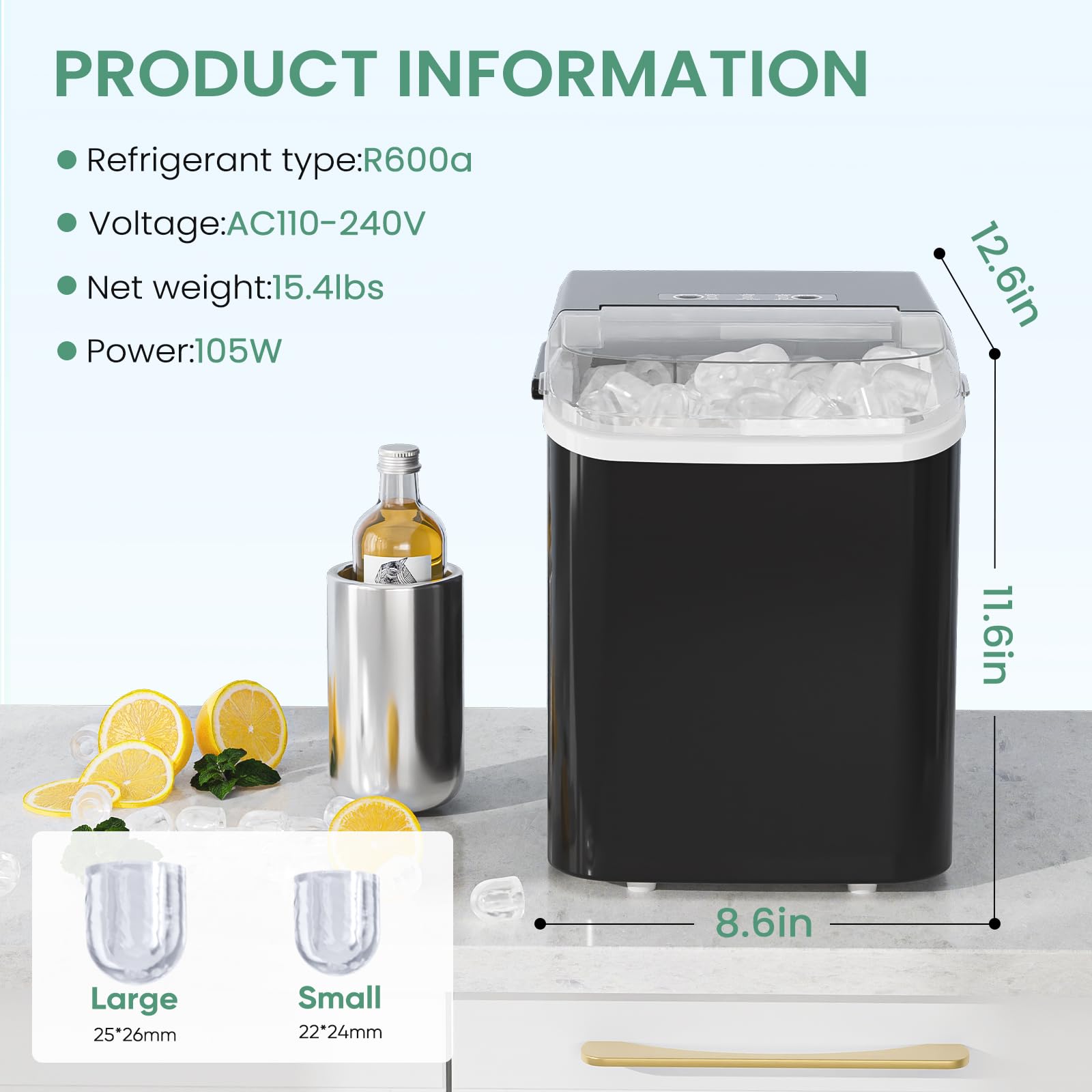 Ice Makers Countertop, Portable Ice Machine with Handle, 6 Mins 9 Bullet Cubes with Basket and Scoop, 26lbs in 24Hrs, Auto-Cleaning, for Home, Kitchen, RV, Camping, Green