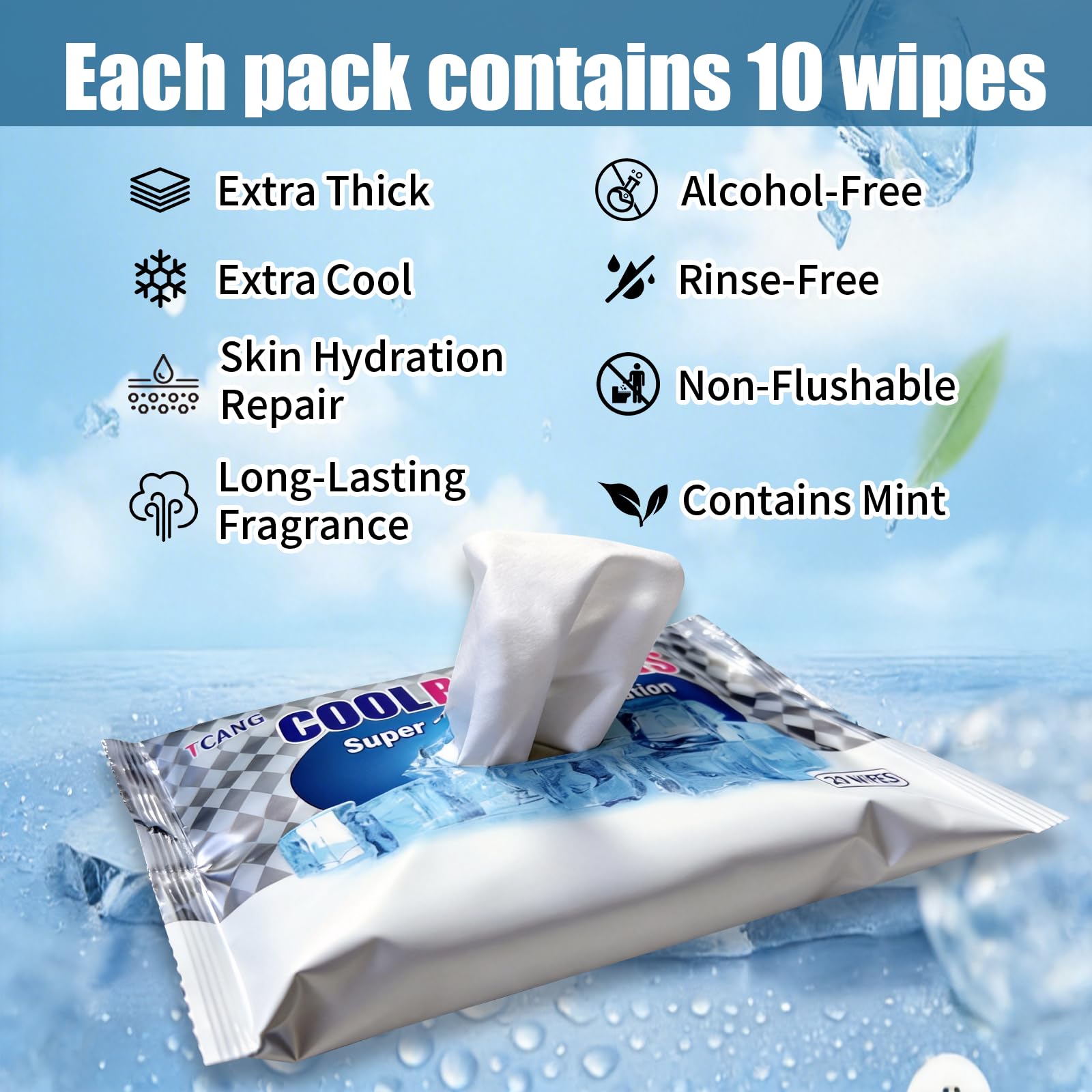 Cooling Face Body Wipes - 10 Packs of 10 (100 Wipes) - Disposable Individually Wrapped No-Rinse Cooling Towels, Extra-Thick Oversized Body Cleansing Wipes for Sports, Travel, Camping in Hot Weather