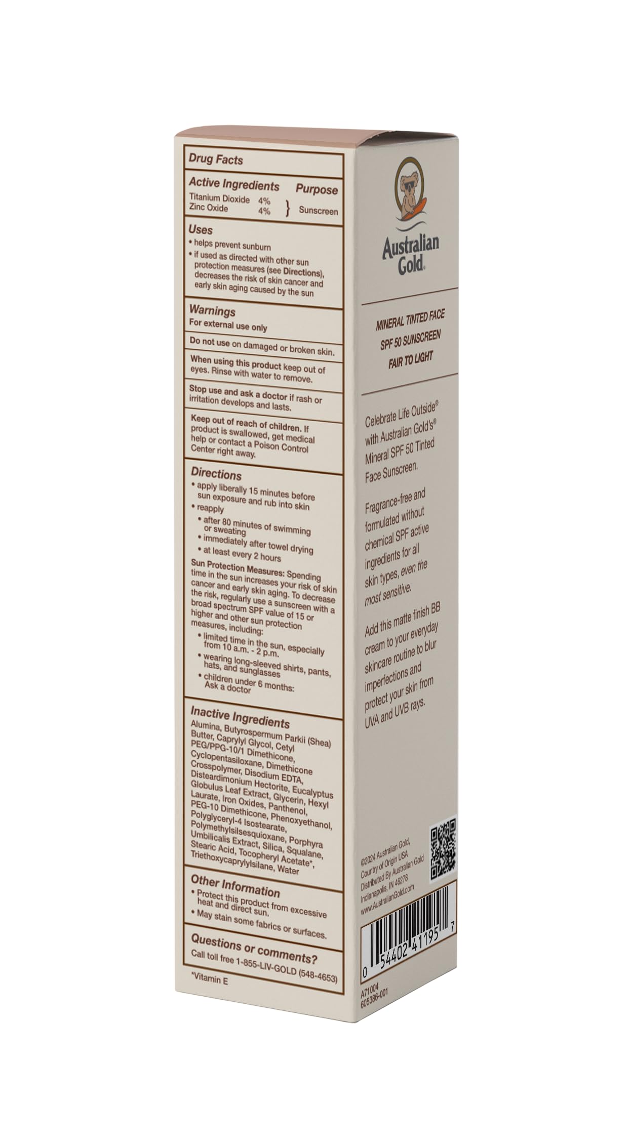 Australian Gold SPF 50 Tinted Mineral Face Sunscreen, Medium to Tan, 2.5 fl oz, Broad Spectrum, Non-Greasy BB Cream with Blue Light & Sun Protection, 4% Zinc Oxide & Titanium Dioxide, Hypoallergenic