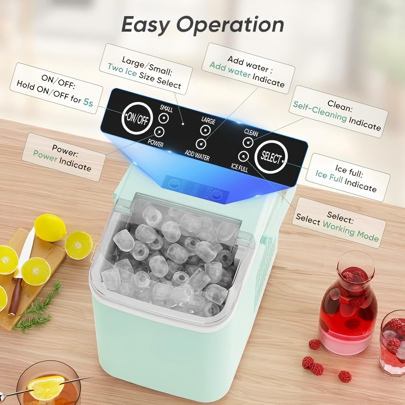 DUMOS Countertop Ice Maker with Handle, 26lbs/24H Portable Ice Machine | 9 Bullet Cubes Ready in 6 Mins, Self-Cleaning, Quiet Compact for Home, Kitchen, RV, Camping, Bright Black