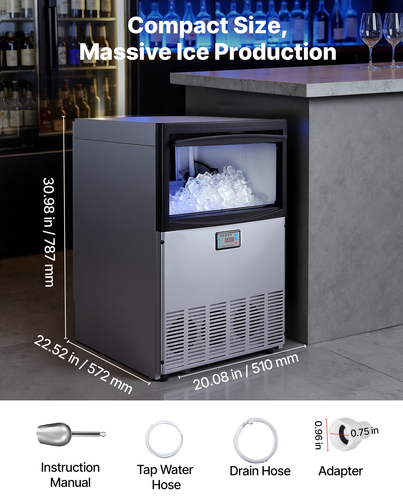 VEVOR Commercial Ice Maker Machine, 80 lbs/24h with 13 lbs Storage Capacity, Countertop/Freestanding/Under Counter, Stainless Steel Ice Maker with LED Display & Self-Cleaning, for Home Bar Restaurant