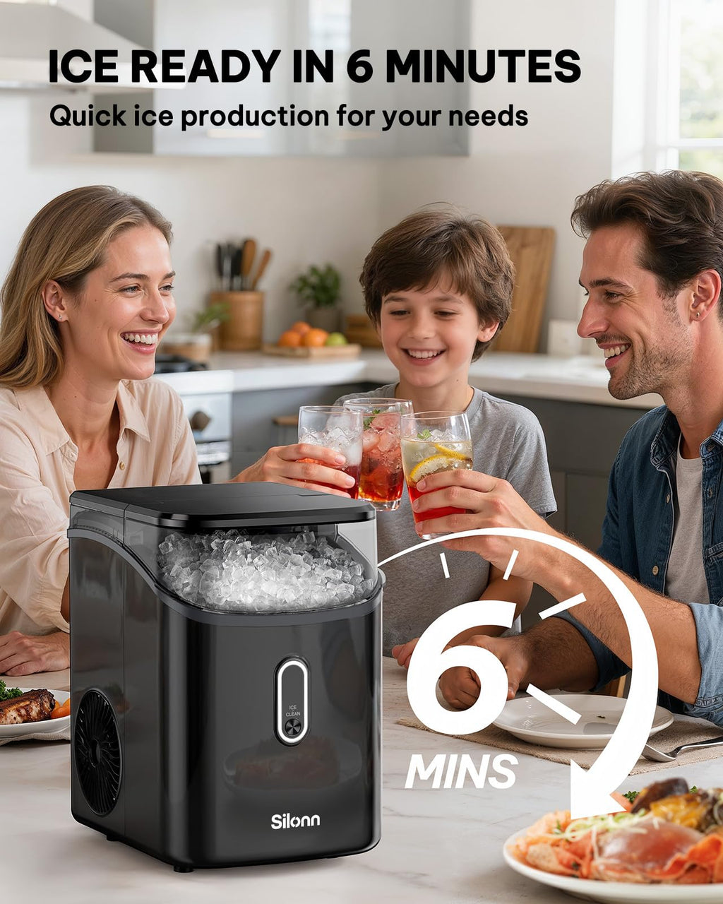 Silonn Nugget Ice Maker Countertop, Pellet Ice Machine with Self-Cleaning Function, Sonic Ice Maker Produces 36lbs of Chewable Ice in 24 Hours, Ideal for Home Kitchen and Office (Black)