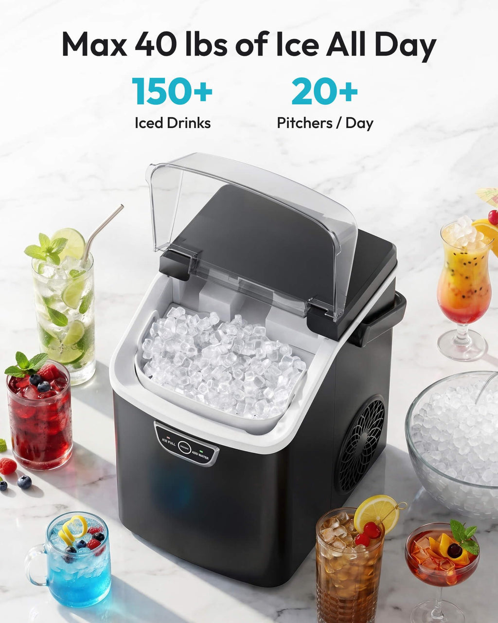 EUHOMY Nugget Ice Maker Countertop with Handle, Ready in 4 Mins, Max 40lbs/24H, Chewable Ice, Self-Cleaning, Portable Sonic Ice Maker with Basket and Scoop, for Home/Party/RV/Camping (Black)