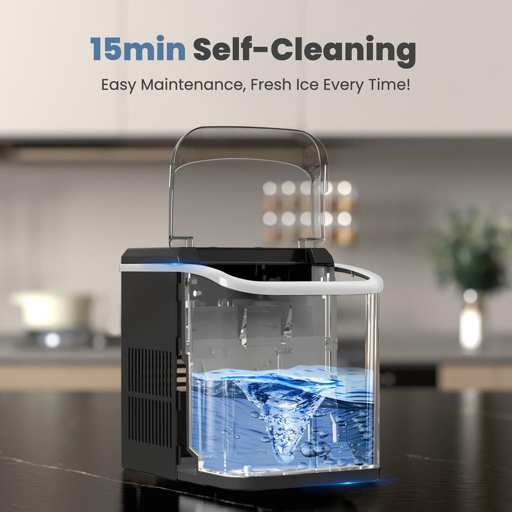 DUMOS Countertop Ice Maker with Handle, 26lbs/24H Portable Ice Machine | 9 Bullet Cubes Ready in 6 Mins, Self-Cleaning, Quiet Compact for Home, Kitchen, RV, Camping, Bright Black