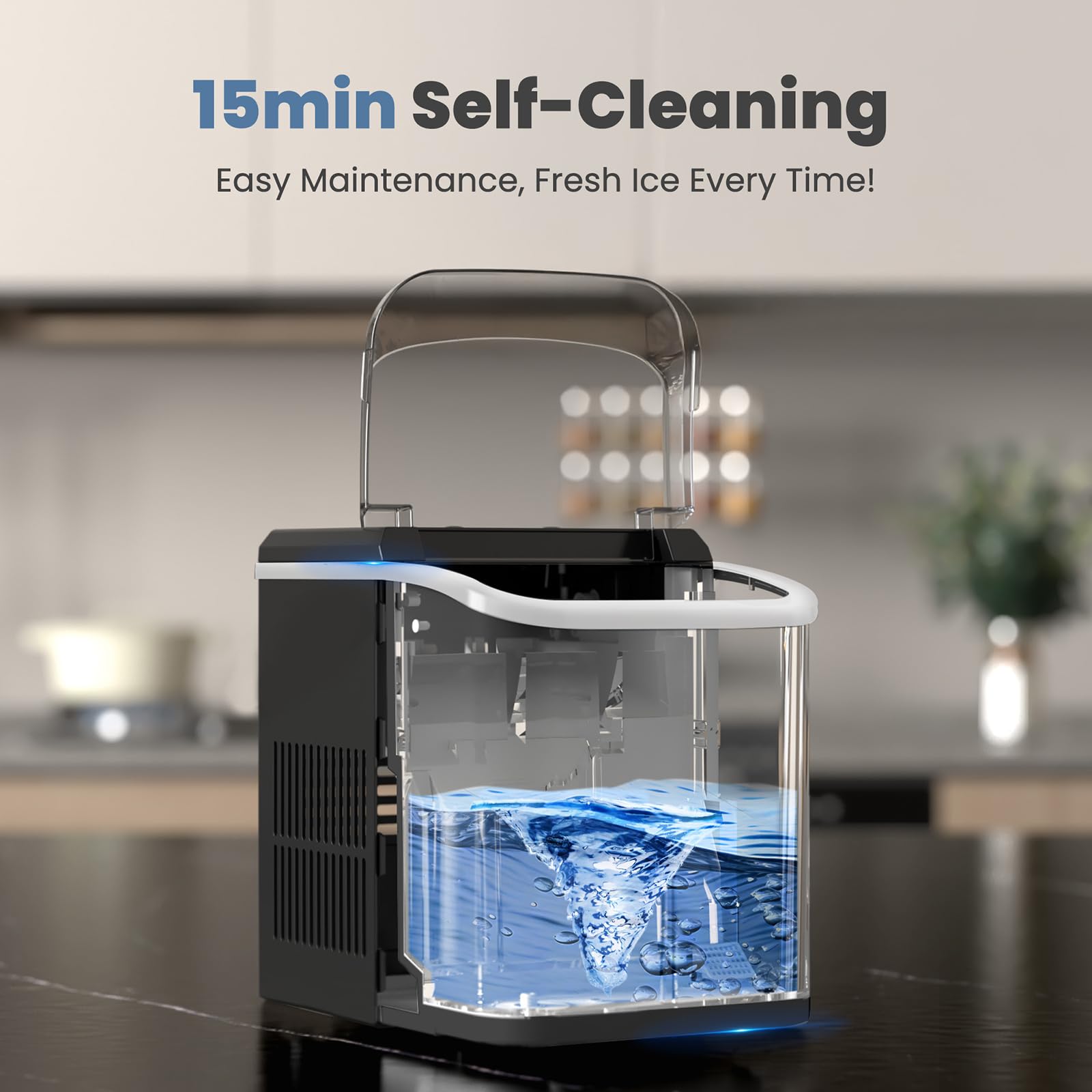 DUMOS Countertop Ice Maker with Handle, 26lbs/24H Portable Ice Machine | 9 Bullet Cubes Ready in 6 Mins, Self-Cleaning, Quiet Compact for Home, Kitchen, RV, Camping, Bright Black