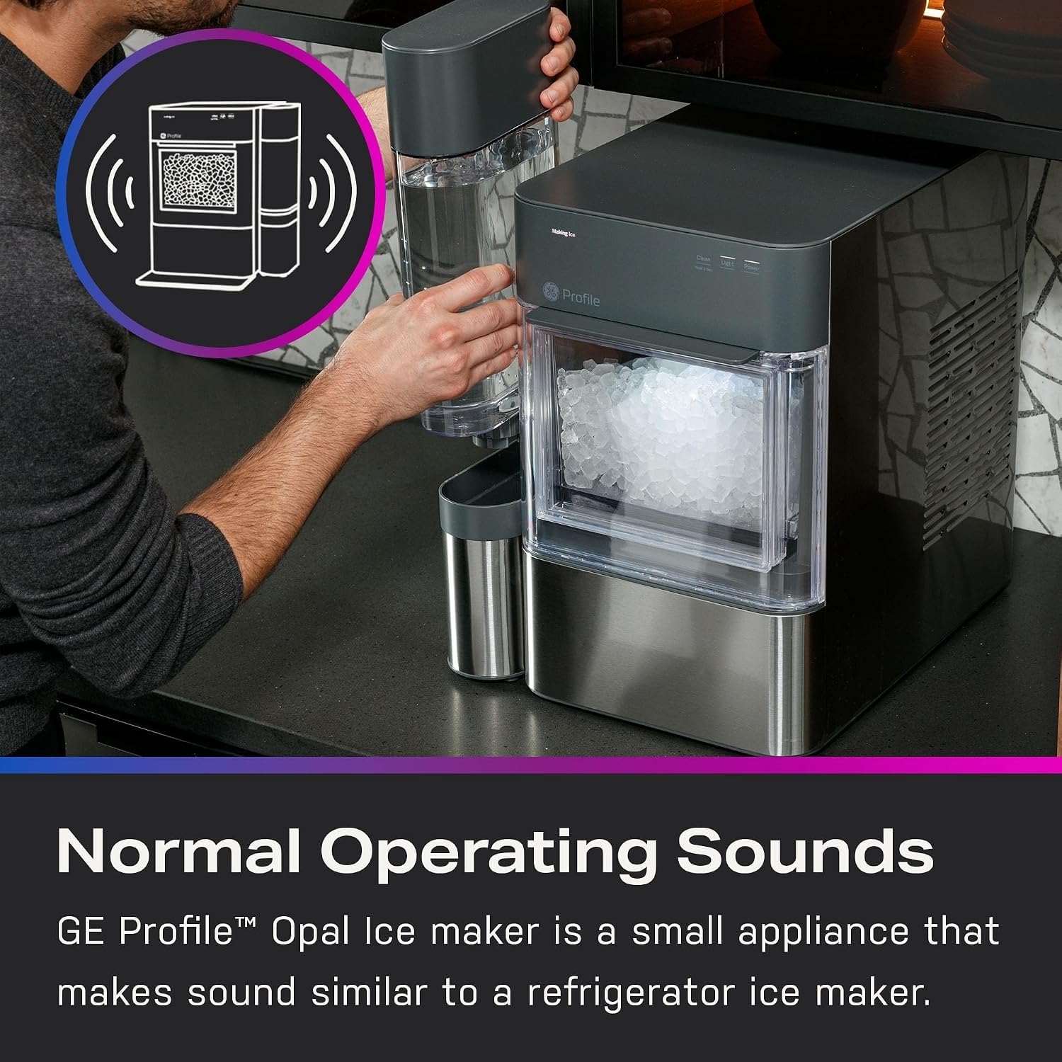 GE Profile Opal Ultra, Countertop Nugget Ice Maker, 1 Gal XL Side Tank, *Amazon Exclusive*, 38 lbs/Day, Pebble Pellet Crushed Ice Machine, WiFi Black Stainless Steel