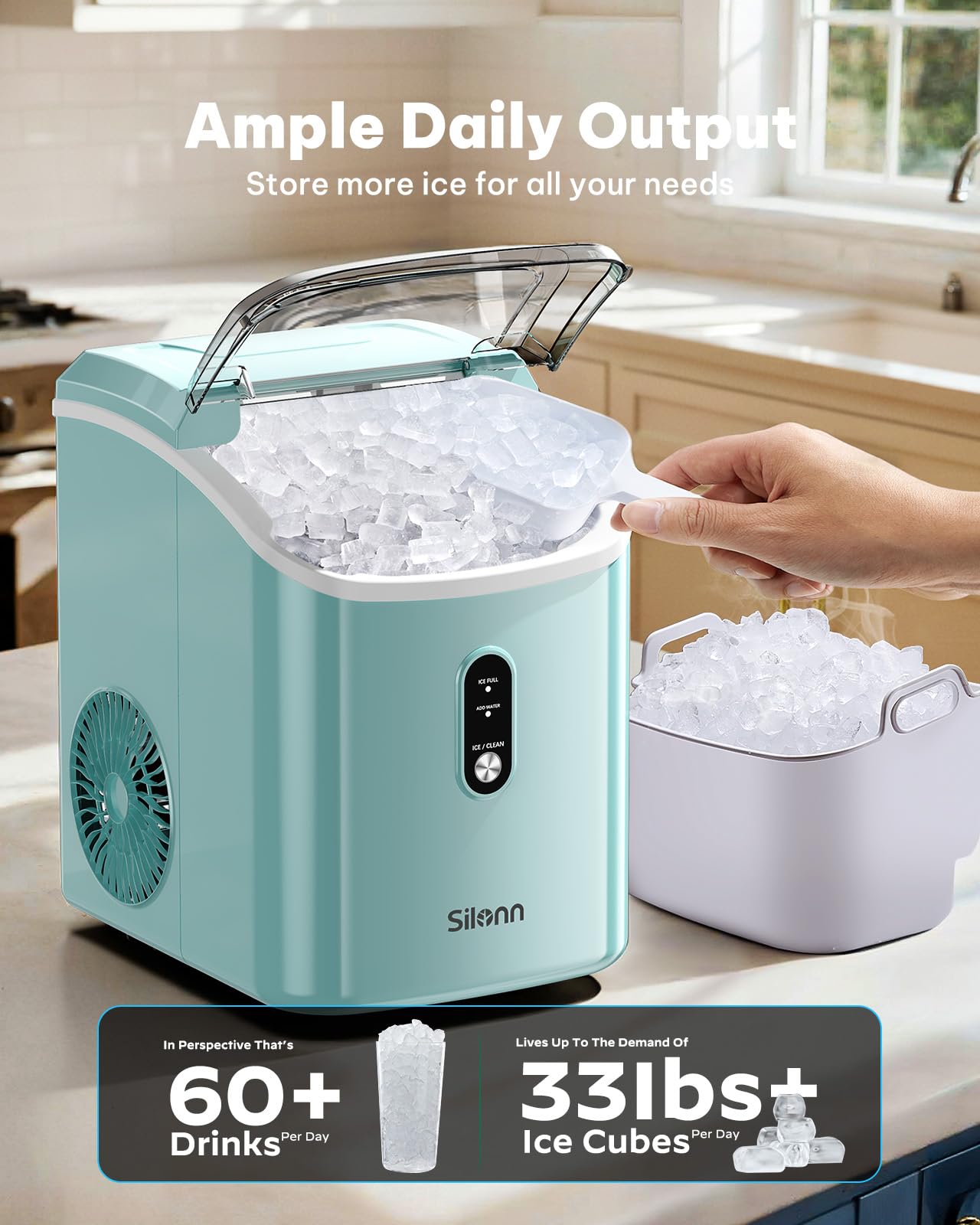 Silonn Nugget Ice Maker Countertop, Pellet Ice Machine with Self-Cleaning Function, Sonic Ice Maker Produces 36lbs of Chewable Ice in 24 Hours, Ideal for Home Kitchen and Office (Black)