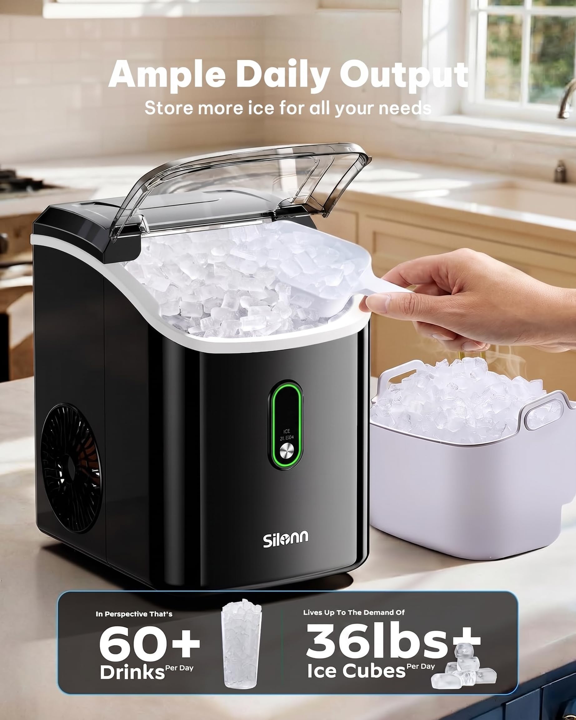 Silonn Nugget Ice Maker Countertop, Pellet Ice Machine with Self-Cleaning Function, Sonic Ice Maker Produces 36lbs of Chewable Ice in 24 Hours, Ideal for Home Kitchen and Office (Black)