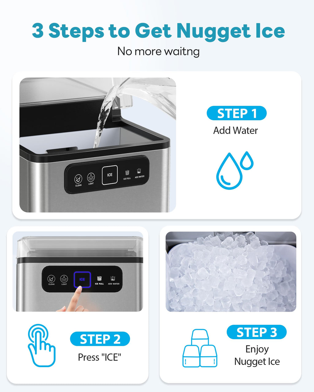 Nugget Ice Maker Countertop 40Lbs/24H Soft Chewable Ice Machine Pellet Crushed Ice Makers, One-Click Operation Auto Self-Cleaning Stainless Steel with Scoop for Home Kitchen Office, Grey