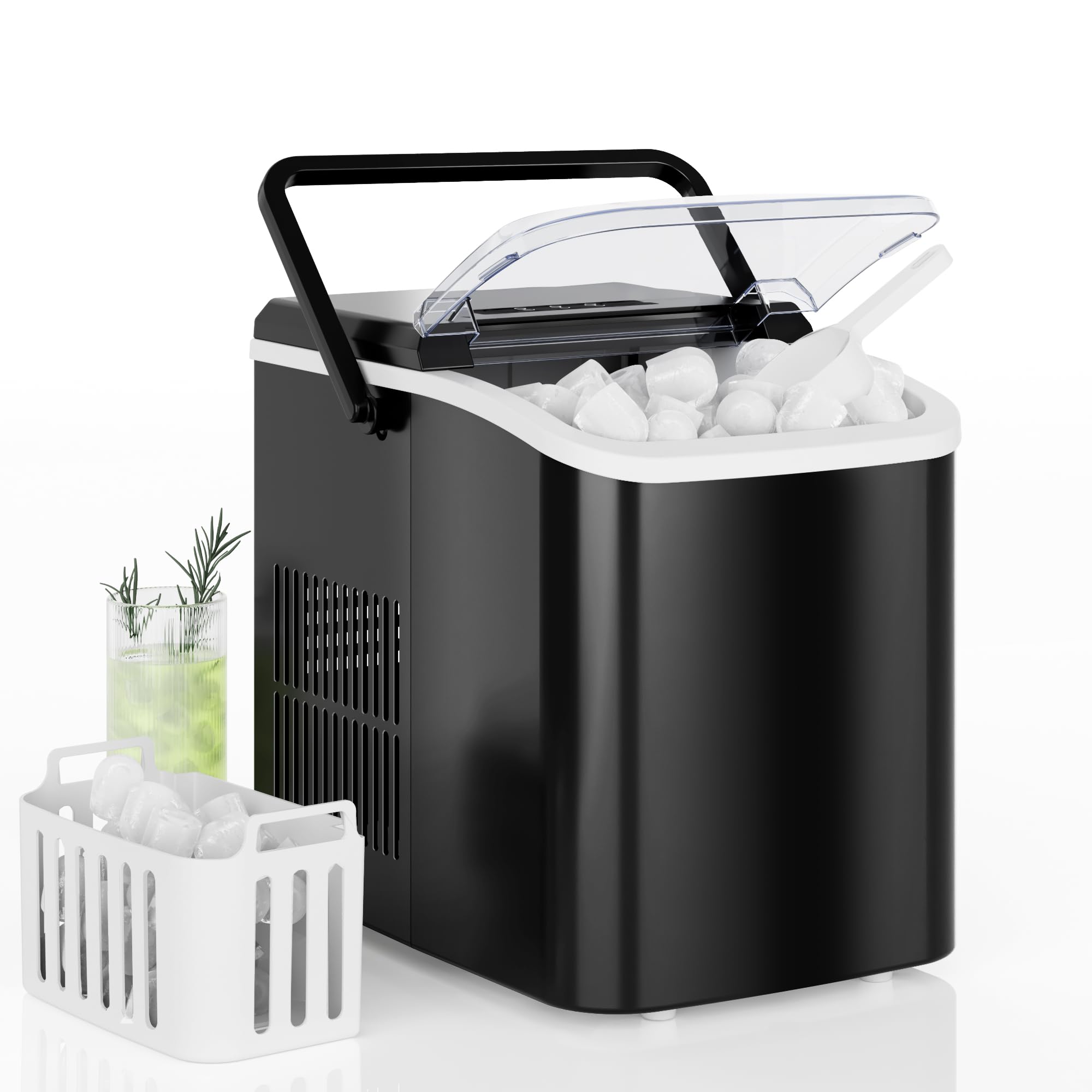 DUMOS Countertop Ice Maker with Handle, 26lbs/24H Portable Ice Machine, 9 Bullet Cubes Ready in 6 Mins, Self-Cleaning, Quiet Compact for Home, Kitchen, RV, Camping, Modern Black