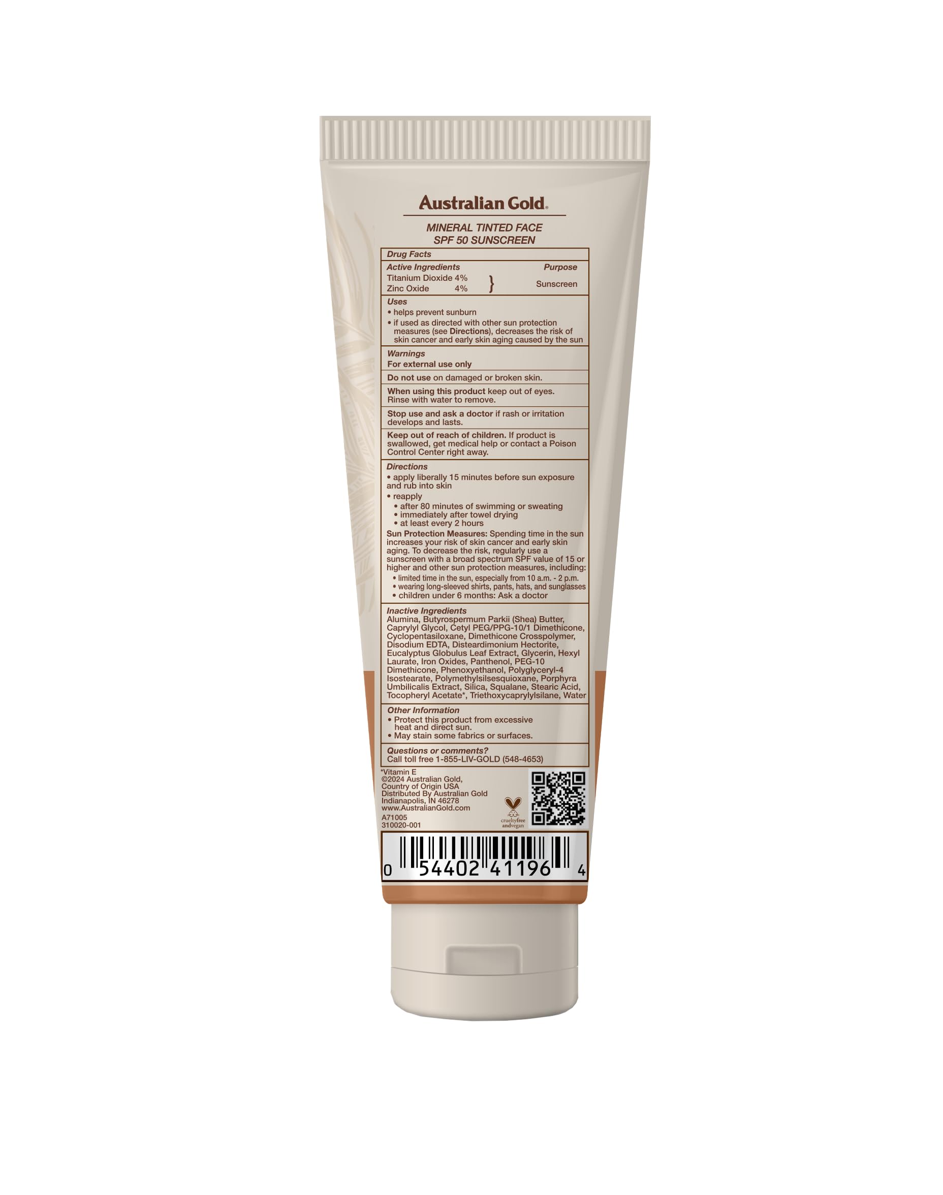 Australian Gold SPF 50 Tinted Mineral Face Sunscreen, Medium to Tan, 2.5 fl oz, Broad Spectrum, Non-Greasy BB Cream with Blue Light & Sun Protection, 4% Zinc Oxide & Titanium Dioxide, Hypoallergenic