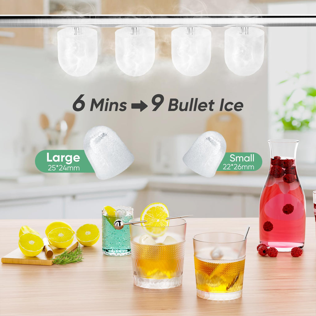 DUMOS Countertop Ice Maker with Handle, 26lbs/24H Portable Ice Machine, 9 Bullet Cubes Ready in 6 Mins, Self-Cleaning, Quiet Compact for Home, Kitchen, RV, Camping, Modern Black