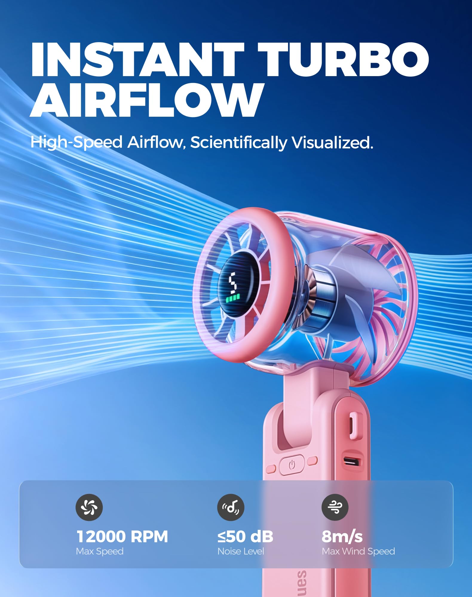 Diveblues Portable Handheld Turbo Fan | 3 IN 1 Hand/Neck/Desk Fan, Up to 12 Working Hours, 5 Gear Wind, Battery Operated, Travel, Working, Outdoor Activities