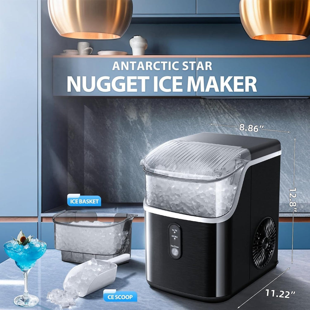 Antarctic Star Nugget Ice Makers Countertop, Pebble Ice Machine with Chewable Pellet Ice, 35Lbs/24H, Self-Cleaning, Sonic Ice, One-Click Operation, for Kitchen,Party Stainless Steel Silver