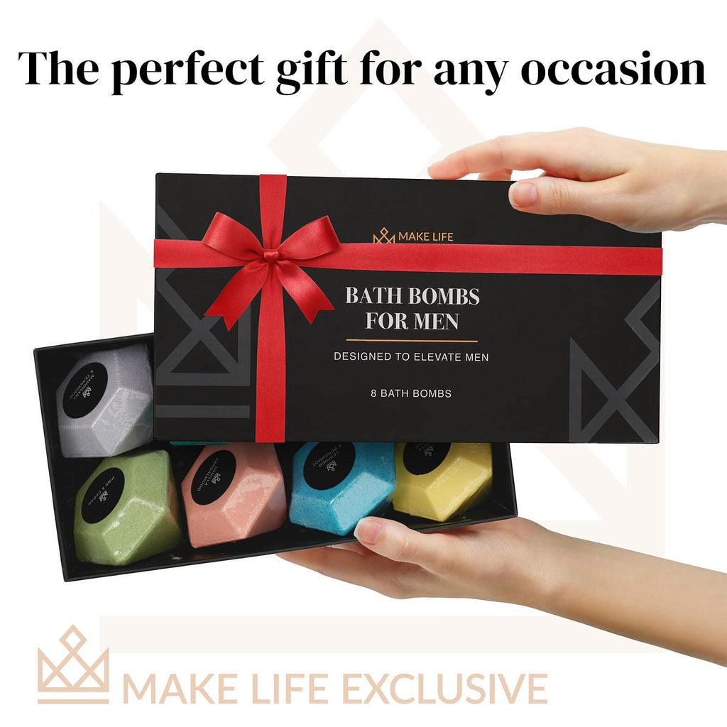 Bath Bombs for Men – 8 Large Diamond Shape Natural Mens Bath Bombs | Relaxing Bubble Bath Set & Bubble Bath Balls for Men | Masculine Scents & Skin Soothing Gift Set