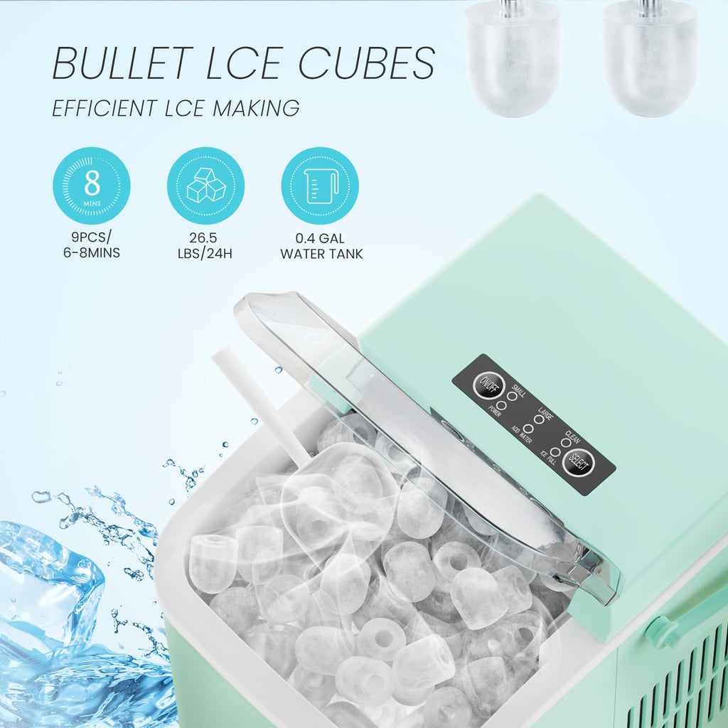Ice Makers Countertop, Portable Ice Machine with Handle, 6 Mins 9 Bullet Cubes with Basket and Scoop, 26lbs in 24Hrs, Auto-Cleaning, for Home, Kitchen, RV, Camping, Green
