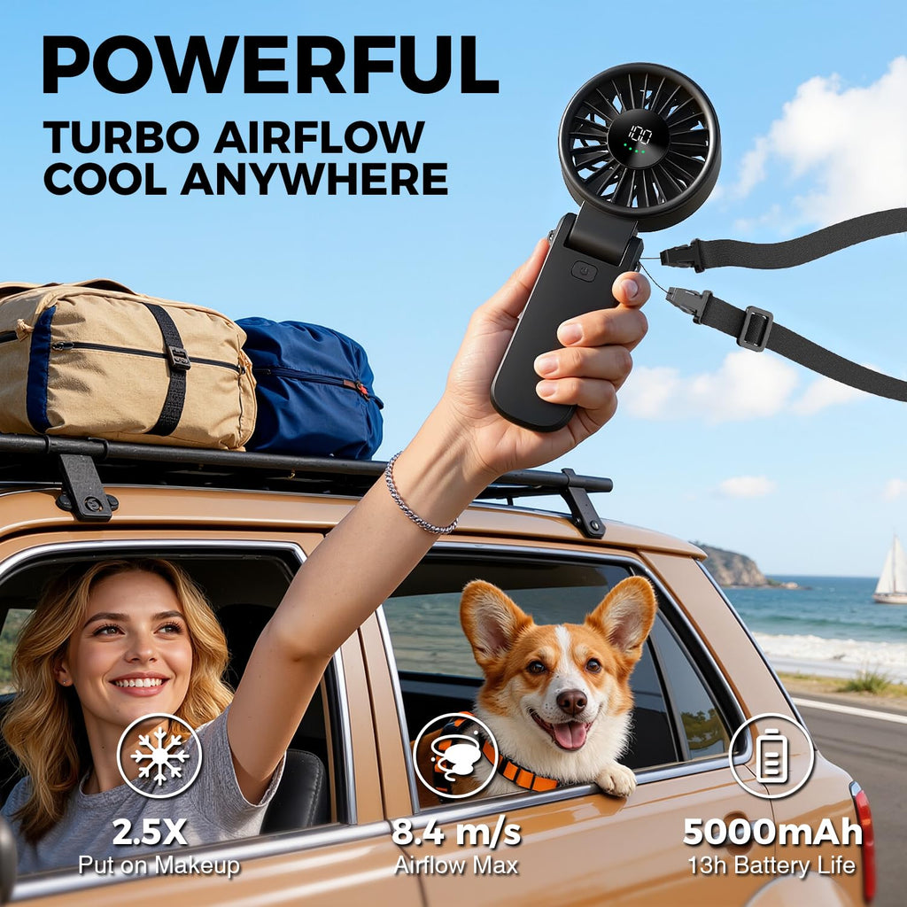 Portable Handheld Fan with Power Bank, 5000mAh Battery, Digital Display & 6-Speed Turbo – Foldable 3 in 1 Rechargeable Mini Fan for Desk, Neck, Travel, Beach, Office