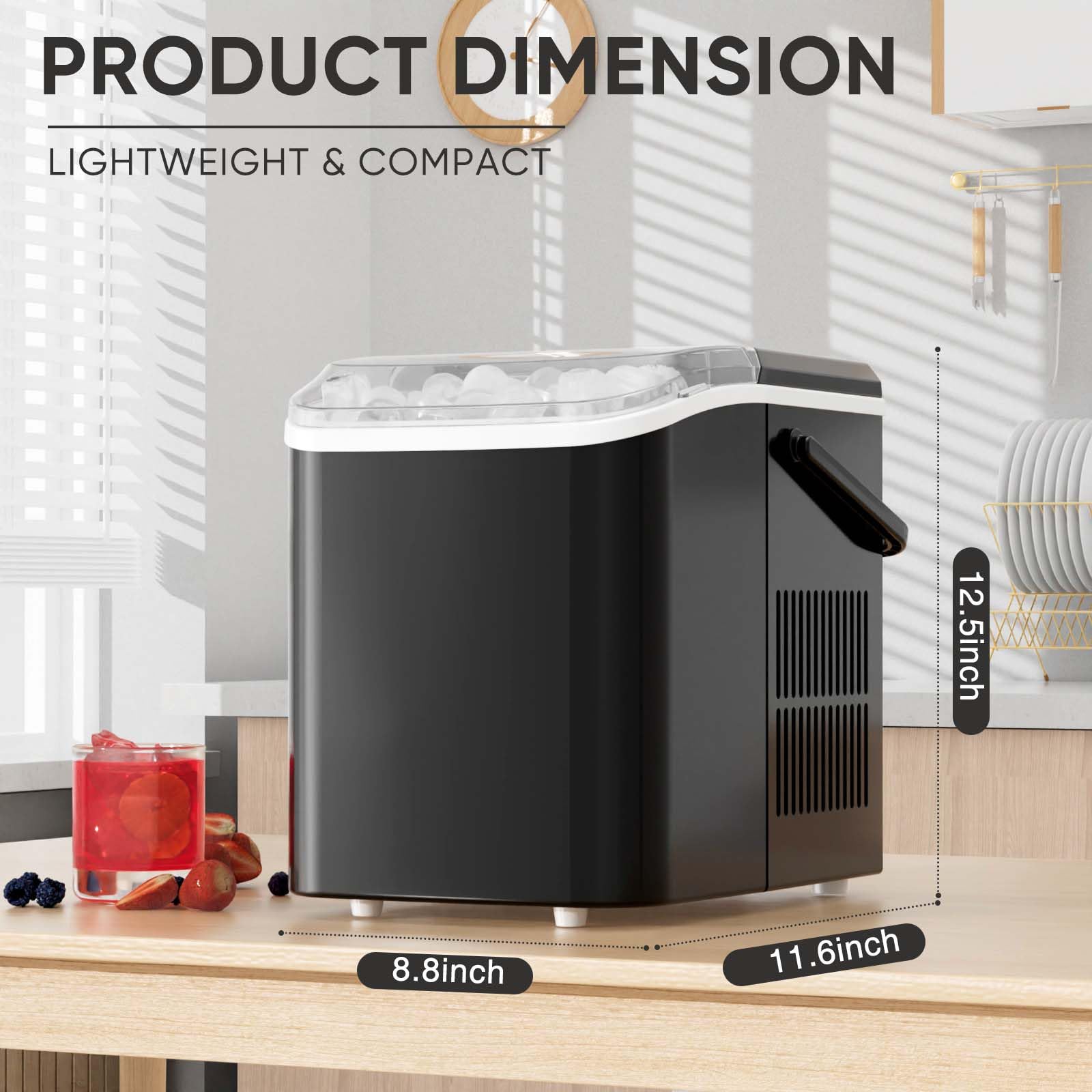 DUMOS Countertop Ice Maker with Handle, 26lbs/24H Portable Ice Machine, 9 Bullet Cubes Ready in 6 Mins, Self-Cleaning, Quiet Compact for Home, Kitchen, RV, Camping, Modern Black