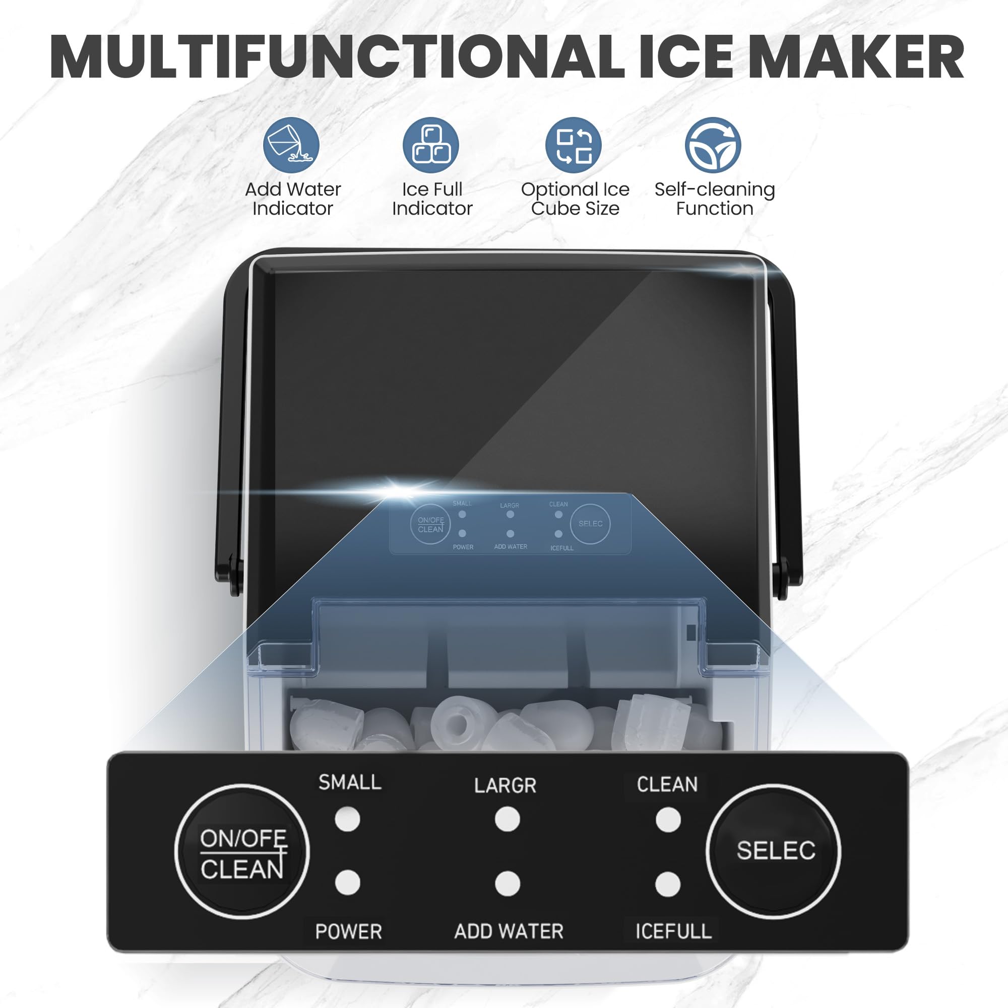 DUMOS Countertop Ice Maker with Handle, 26lbs/24H Portable Ice Machine, 9 Bullet Cubes Ready in 6 Mins, Self-Cleaning, Quiet Compact for Home, Kitchen, RV, Camping, Modern Black