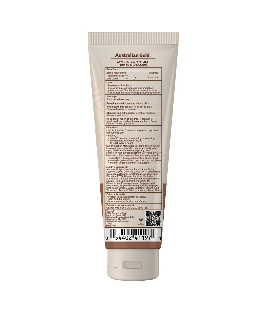 Australian Gold SPF 50 Tinted Mineral Face Sunscreen, Medium to Tan, 2.5 fl oz, Broad Spectrum, Non-Greasy BB Cream with Blue Light & Sun Protection, 4% Zinc Oxide & Titanium Dioxide, Hypoallergenic