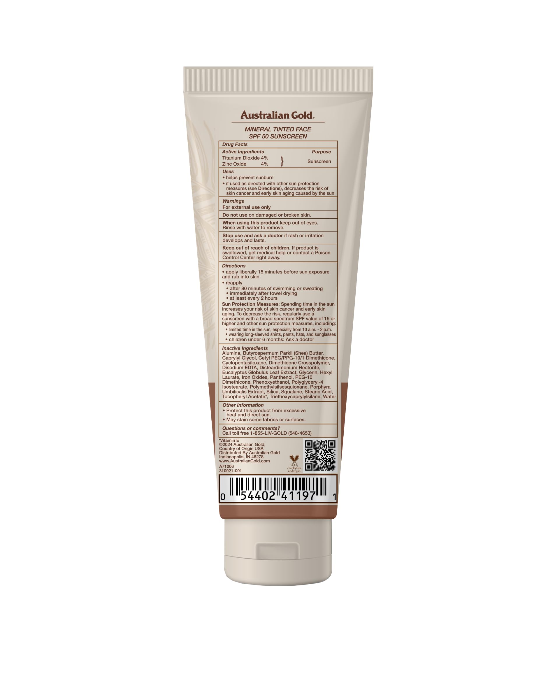 Australian Gold SPF 50 Tinted Mineral Face Sunscreen, Medium to Tan, 2.5 fl oz, Broad Spectrum, Non-Greasy BB Cream with Blue Light & Sun Protection, 4% Zinc Oxide & Titanium Dioxide, Hypoallergenic