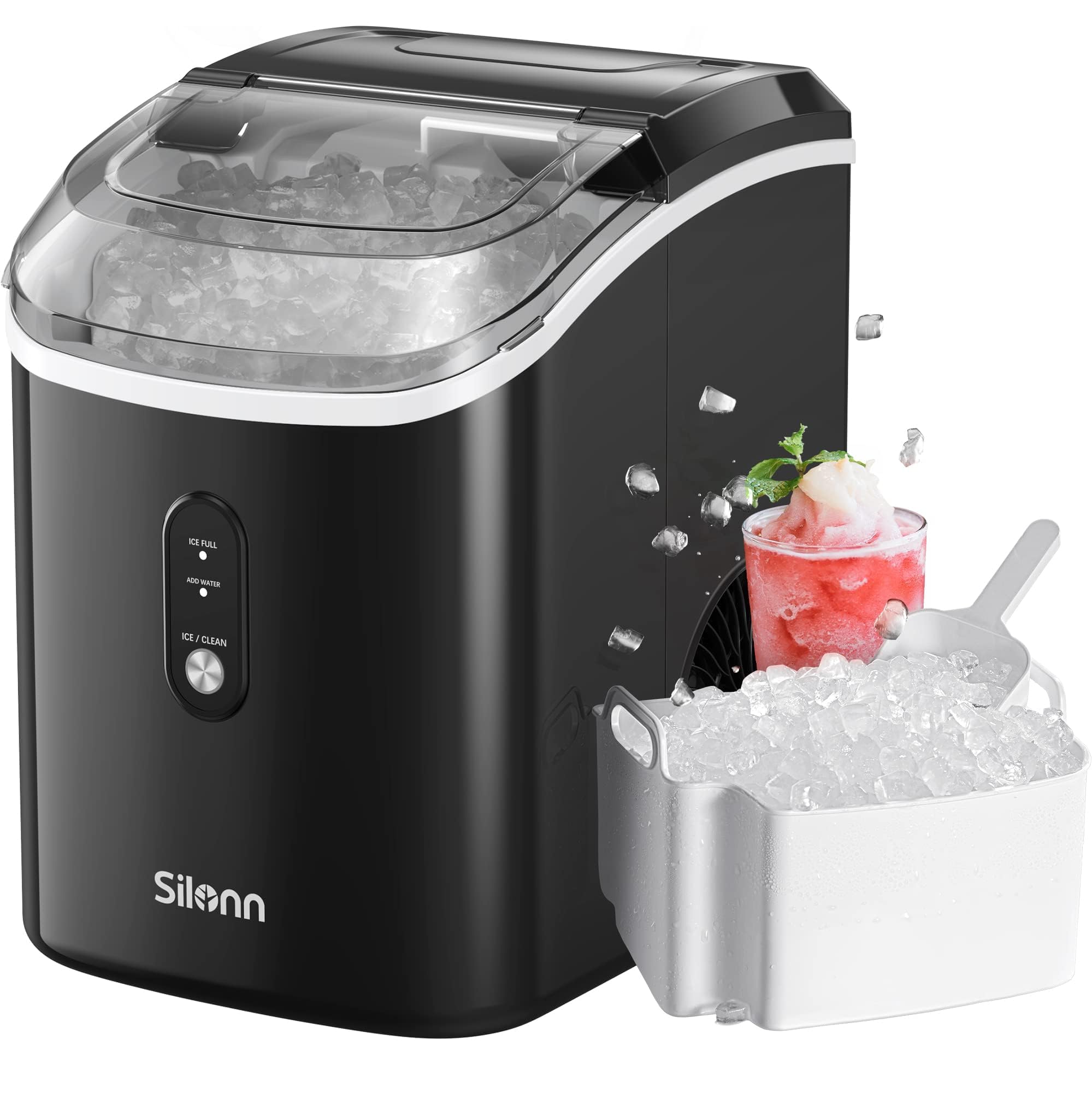 Silonn Nugget Ice Maker Countertop, Pellet Ice Machine with Self-Cleaning Function, Sonic Ice Maker Produces 36lbs of Chewable Ice in 24 Hours, Ideal for Home Kitchen and Office (Black)