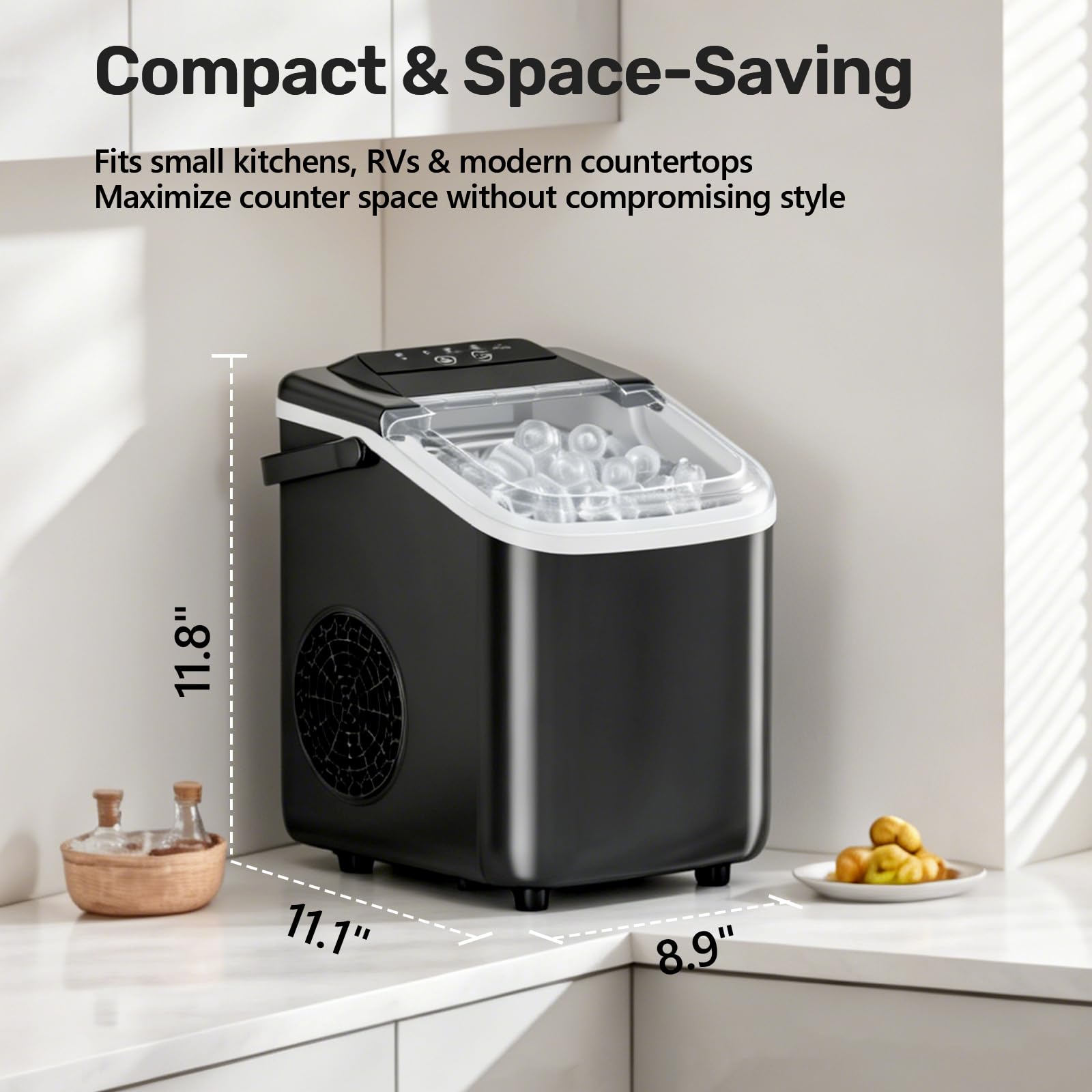 OLIXIS Countertop Ice Maker with Self-Cleaning, Portable Ice Maker Machine with Scoop, 26Lbs/24H, 9 Cubes in 6 Mins, 2 Sizes of Bullet for Home, Kitchen, Office, Black