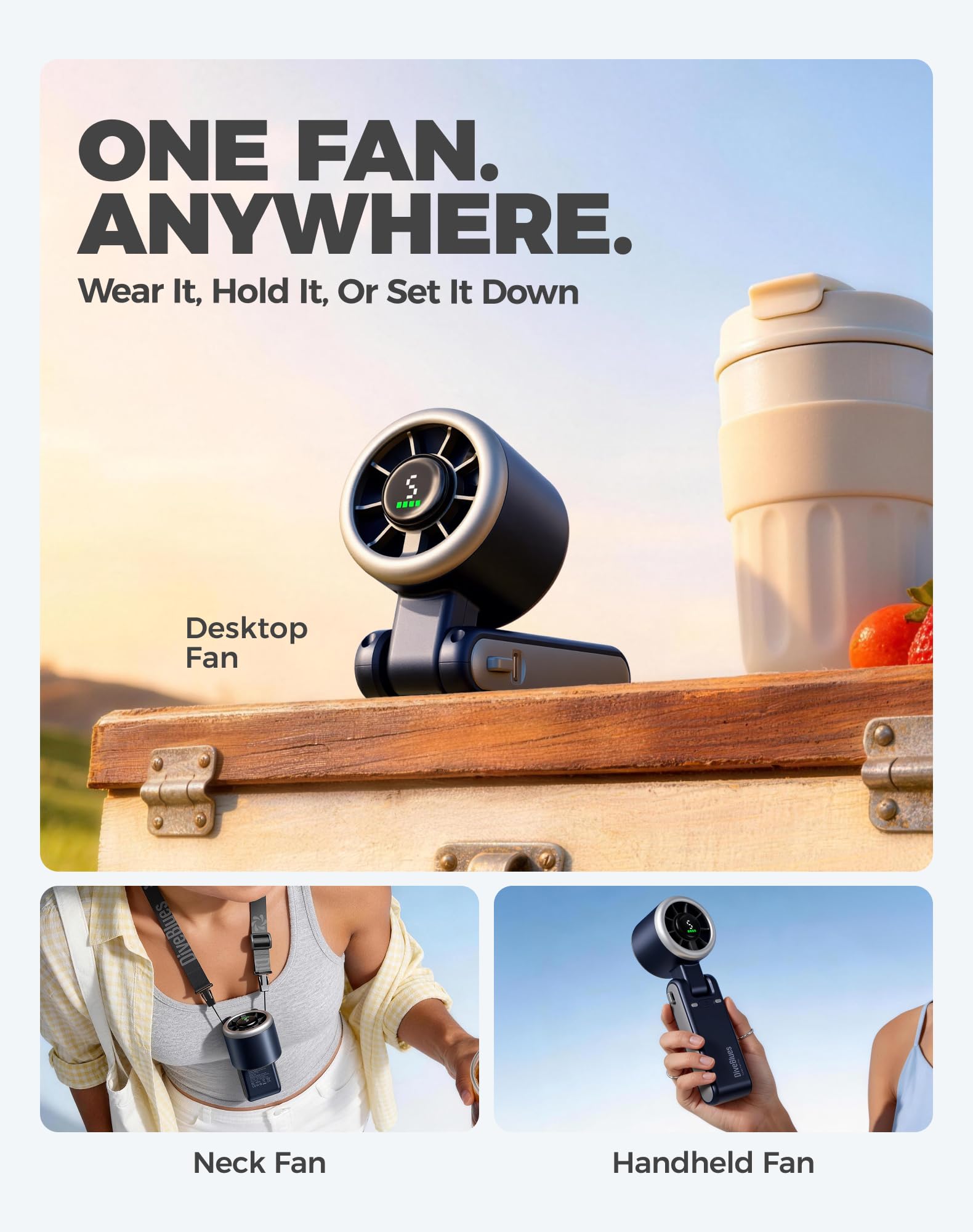 Diveblues Portable Handheld Turbo Fan | 3 IN 1 Hand/Neck/Desk Fan, Up to 12 Working Hours, 5 Gear Wind, Battery Operated, Travel, Working, Outdoor Activities