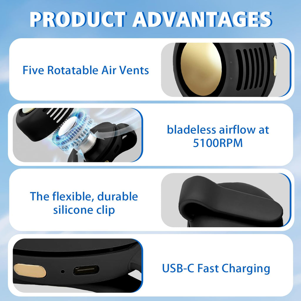 Portable Fan,2-in-1 Waist Clip On Bladeless, Ultra-Quiet Mini Personal Neck Fan 3 Speeds with 360°Adjustable Clip USB Rechargeable for Hiking,Office & Outdoor