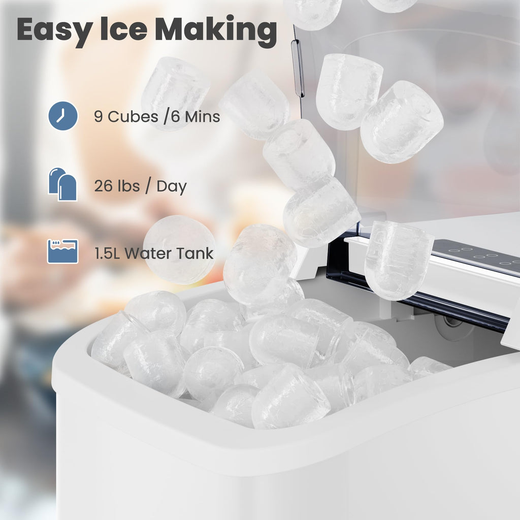 DUMOS Countertop Ice Maker with Handle, 26lbs/24H Portable Ice Machine | 9 Bullet Cubes Ready in 6 Mins, Self-Cleaning, Quiet Compact for Home, Kitchen, RV, Camping, Bright Black