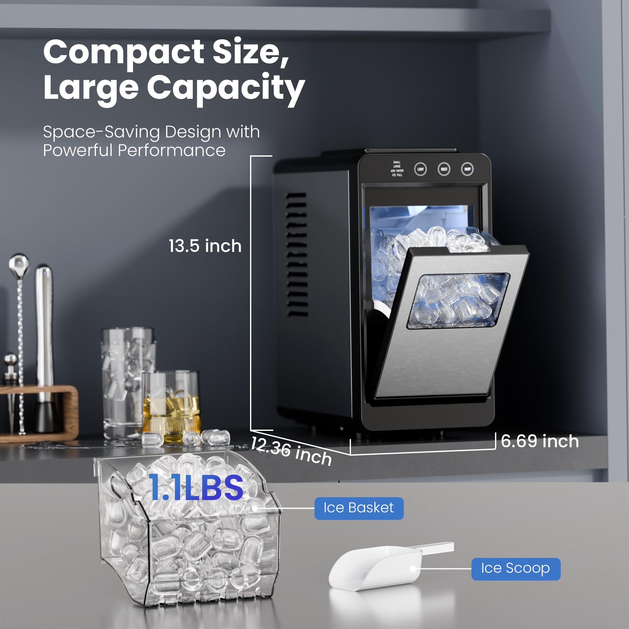 Electactic Ice Makers Countertop,26Lbs/24H,8Pcs in 6Mins,Portable Ice Maker Machine with Self-Cleaning,Interior Lighting,2 Sizes of Bullet Ice for Home/Office/Party(Black)