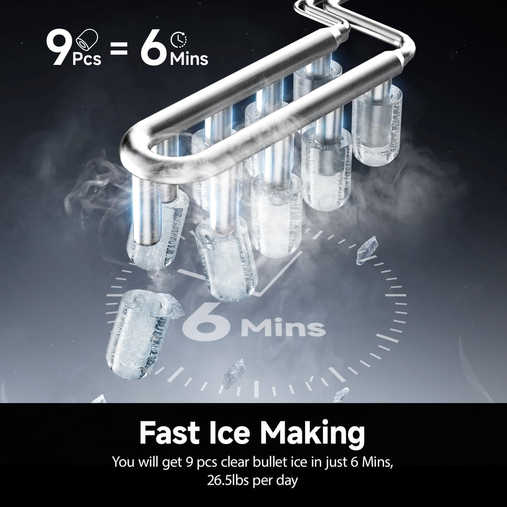 EUHOMY Ice Maker Countertop with Carry Handle, 9 Cubes Ready in 6 Mins, 26.5lbs/24H, Self-Cleaning, 2 Sizes of Bullet Ice with Basket and Scoop, Portable Ice Maker Machine for Home, Kitchen, Office
