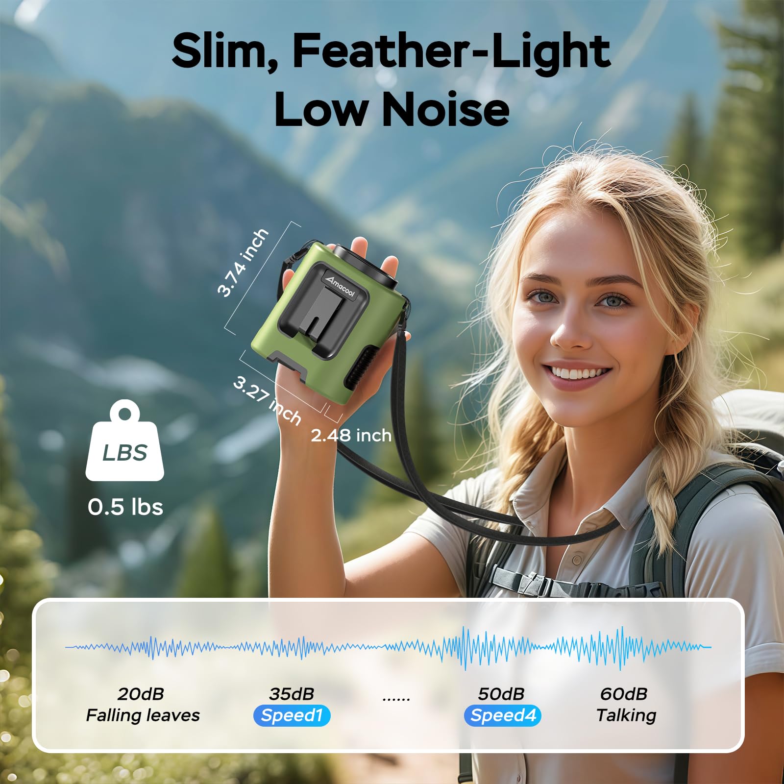 AMACOOL Portable Waist Fan Clip On, MAX 40H Work Time, 10000mAh Rechargeable Wearable Shirt Fan with Light, 16000RPM Powerful 5 Speed Belt Fans Personal Cooling Fans for Outdoor Jobsite Camping Travel