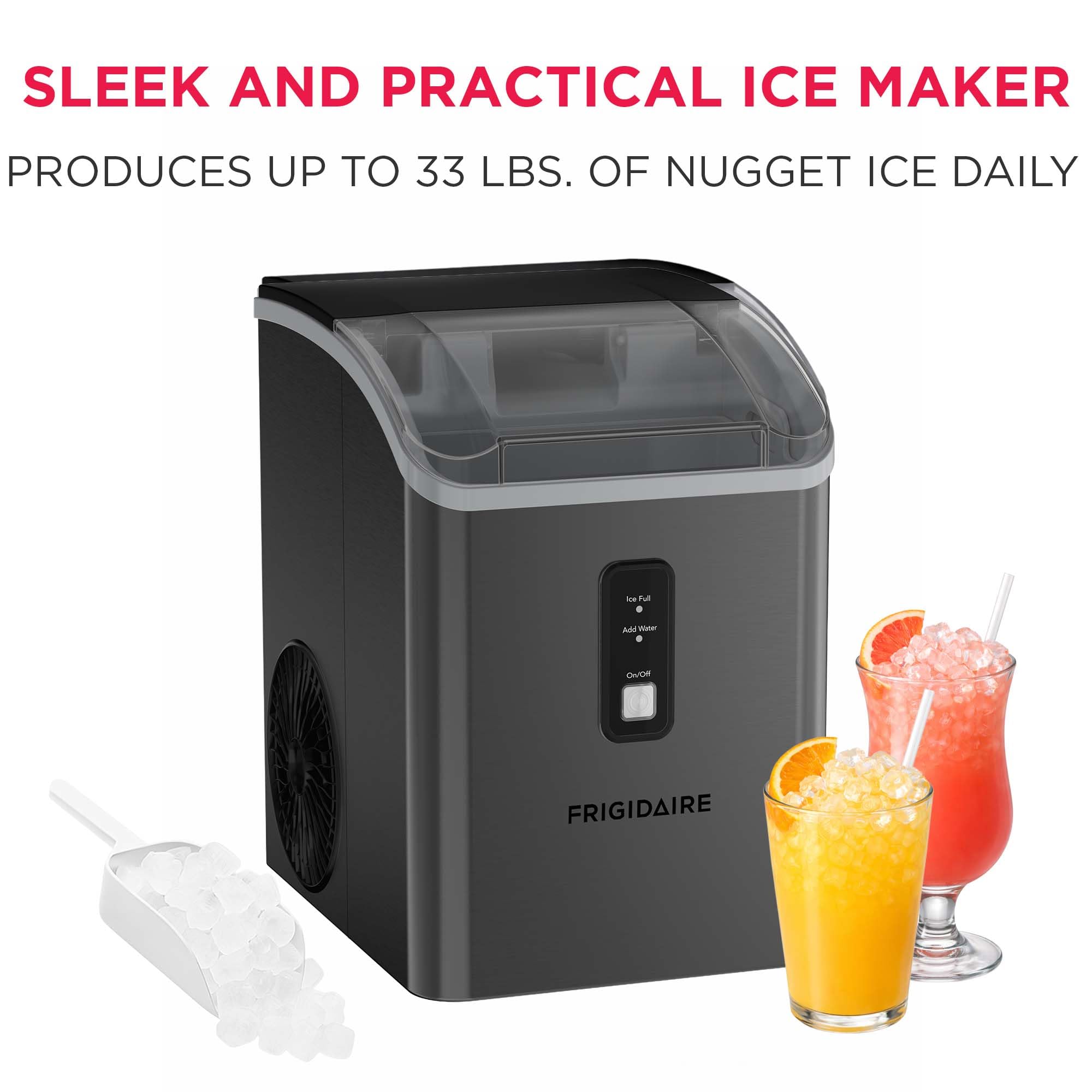 Frigidaire Countertop Crunchy Chewable Nugget Ice Maker, Compact, 33lbs per Day, Metallic Finish