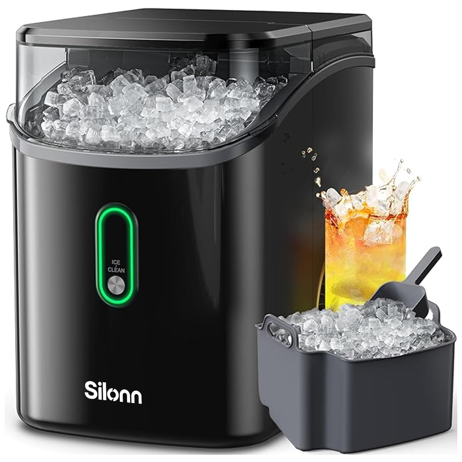 Silonn Nugget Ice Maker Countertop, Pellet Ice Machine with Self-Cleaning Function, Sonic Ice Maker Produces 36lbs of Chewable Ice in 24 Hours, Ideal for Home Kitchen and Office (Black)
